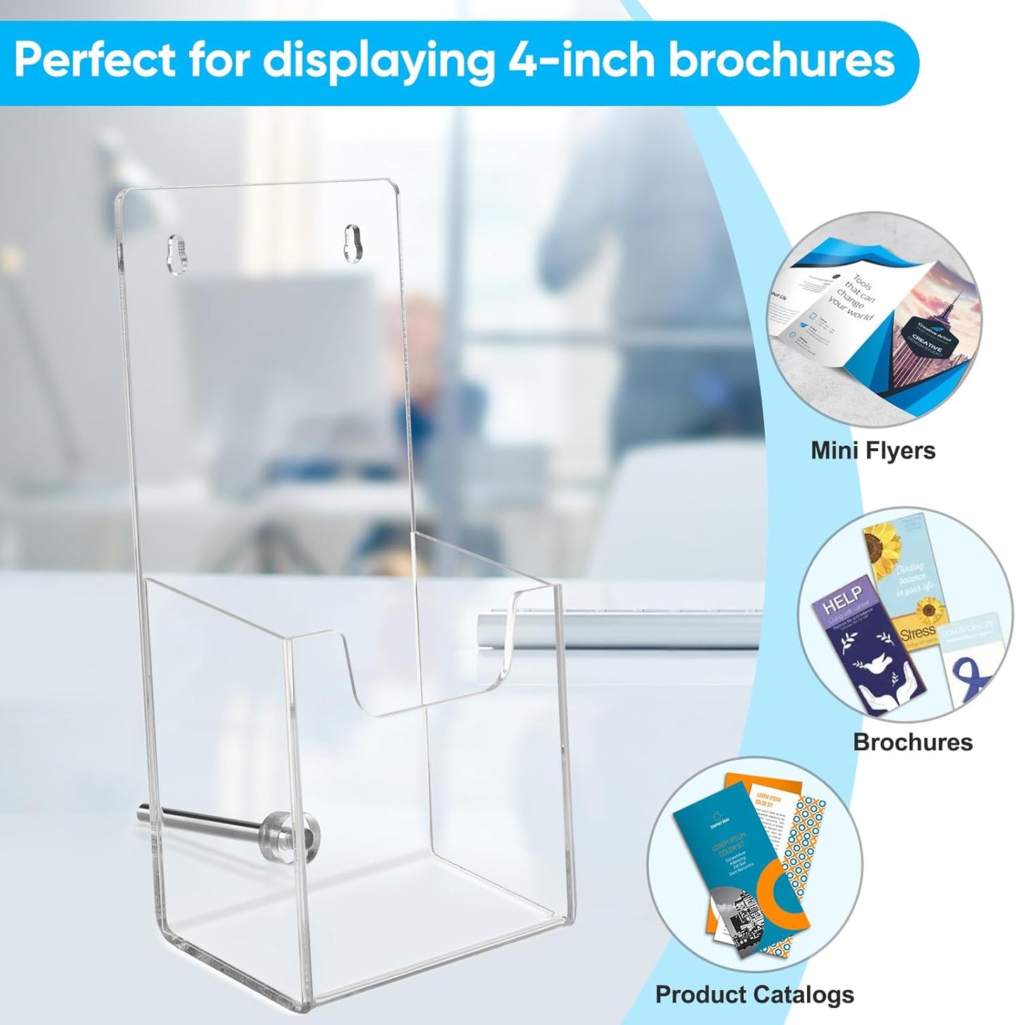 Acrylic Brochure Holder Wall Mount or Countertop Display Stand – Clear Pamphlet & Literature Organizer Fits Trifold Flyers, Menus, Leaflets for Office, Shop, Hotel, Classroom, Reception Desks (4 Pack, 4.3 x 7.8 inch)