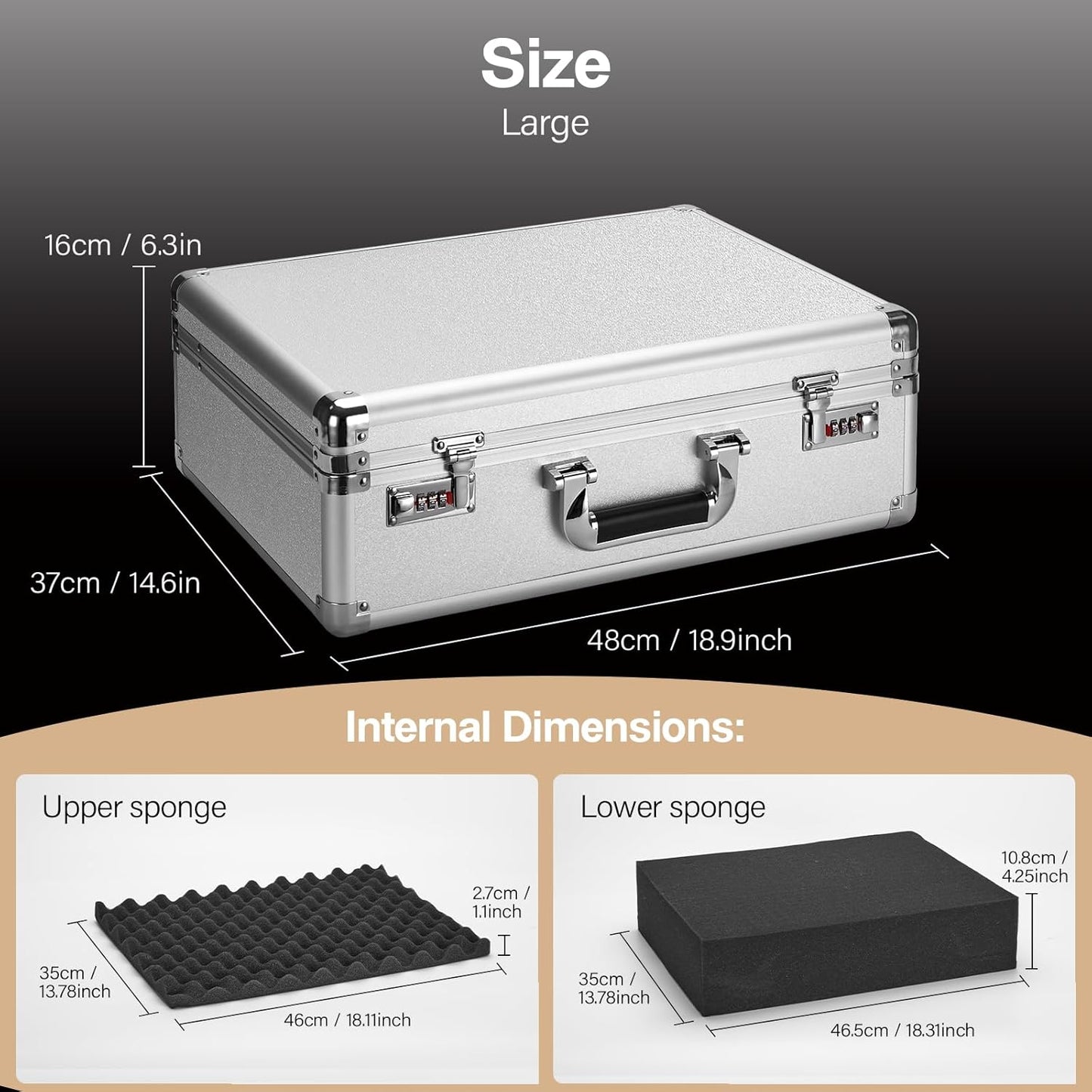 Combination Lock Box - Locking Storage Case with Customizable Foam, 18.9" Portable Lockable Case for Personal Items, Valuables, Documents, Briefcase for Jewelry, Cash, Medications, Silver