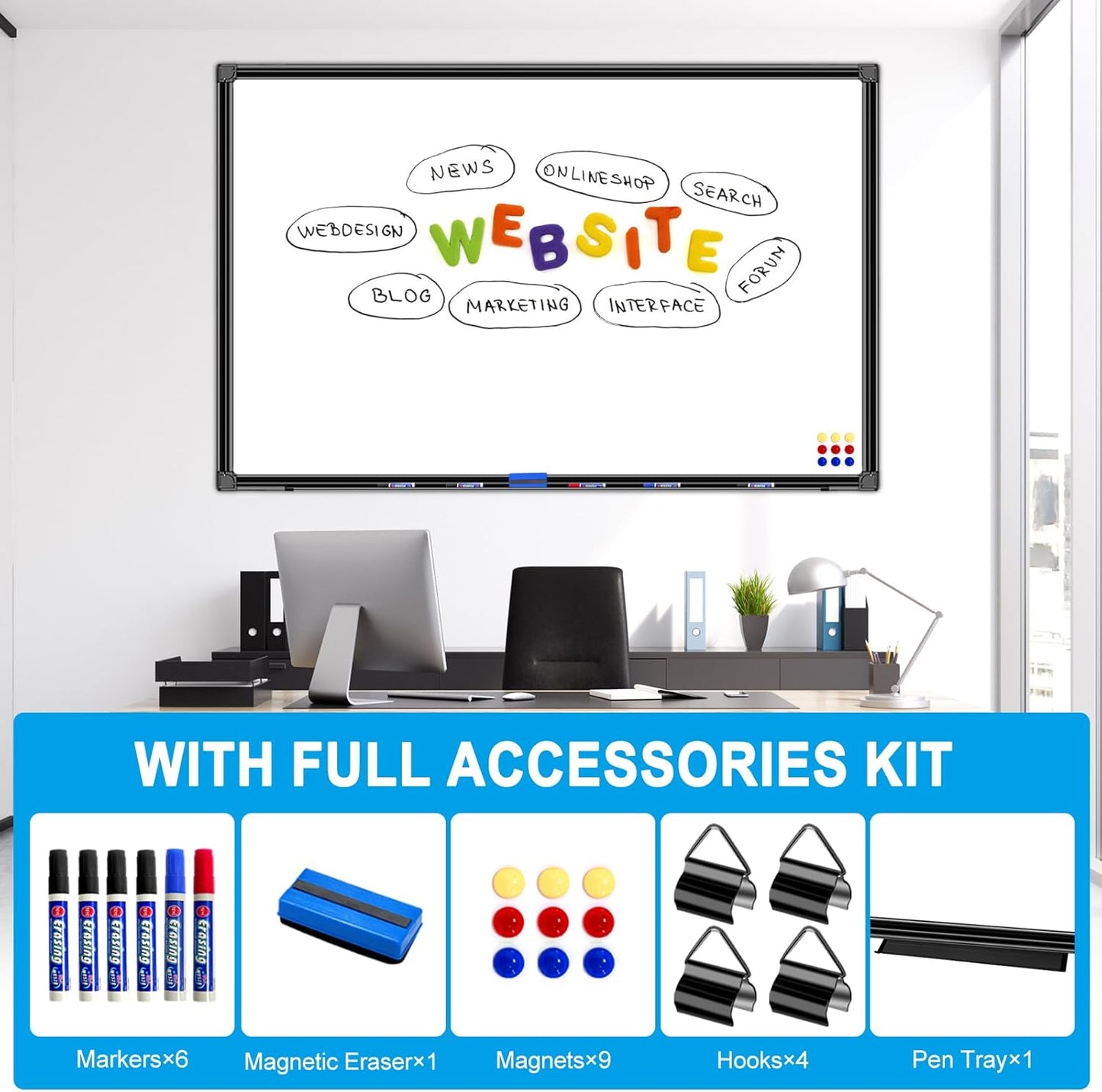 H-Qprobd 48"x24" Magnetic White Board Dry Erase Wall Mount Whiteboard - Office Home Classrooms White Board Hanging Writing Board with Black Aluminum Frame