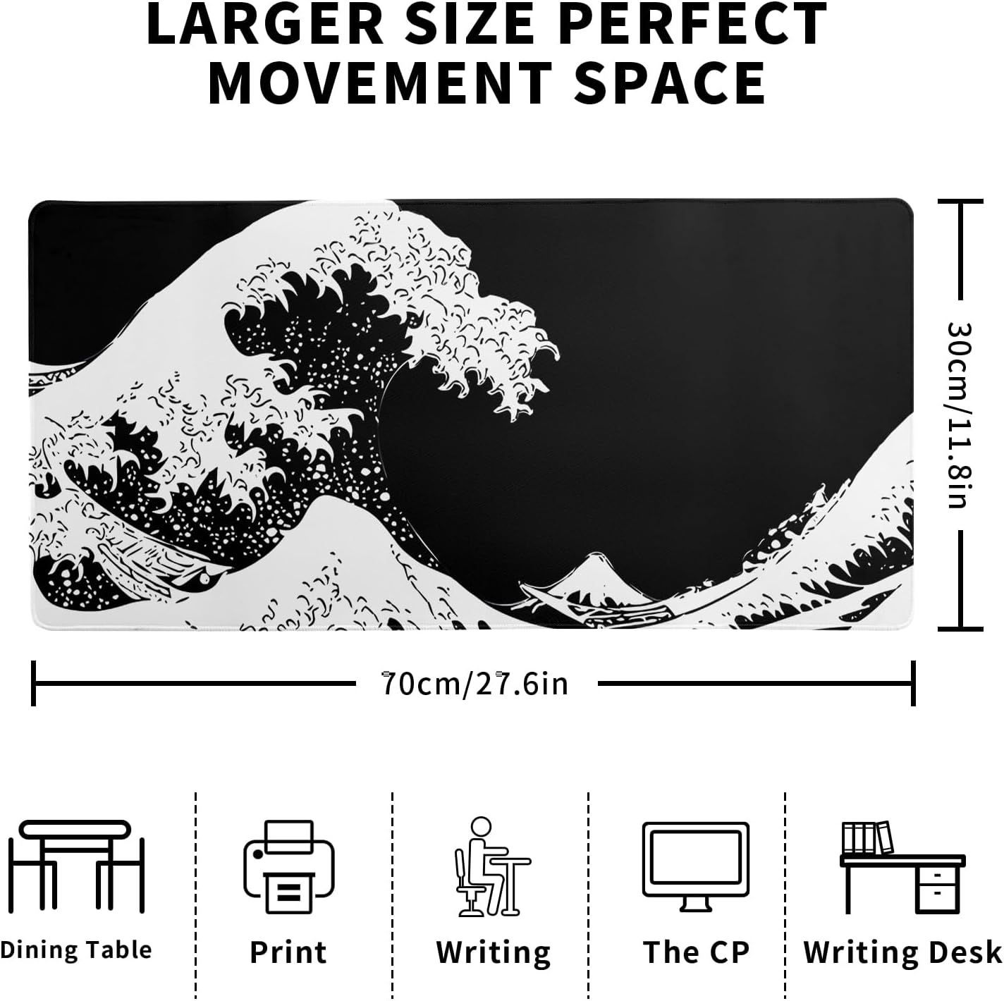 Japanese Sea Wave Large Mouse Pad, Abstract Black Gaming Mousepad, Extended Kanagawa Mat Desk Pad, 3mm Thick Long Non-Slip Rubber Base Mice Pad for Office and Home, 27.6x11.8 Inch