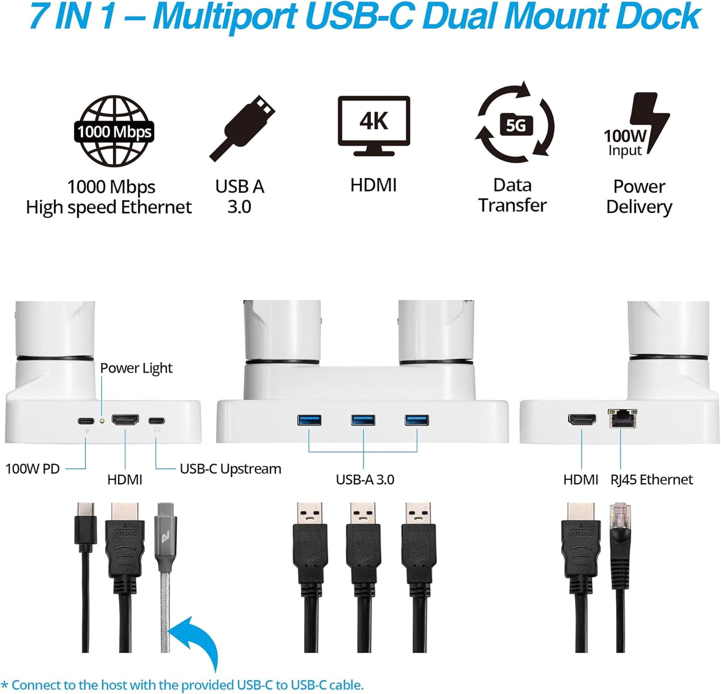 AVLT Dual 17”-43" Monitor Arm Desk Mount with 15" Laptop Tray and USB-C Docking Station, HDMI 4K60Hz, USB-A 5Gbps, Ethernet, 100W PD, Fits Two Flat/Curved Monitor - White