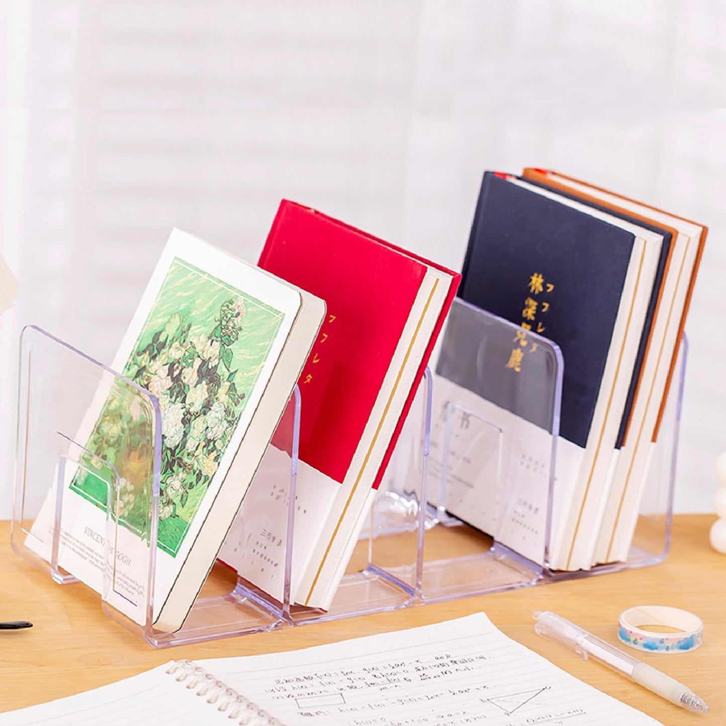 Marte Vanci Clear Acrylic File Sorter, Sturdy Desk File Organizer Shelf Book Holder Purse Handbag Clutch Divider File Folder Rack for Letter Cookbooks Home Office Kitchen Supplies 4 Sections (4 Pcs)