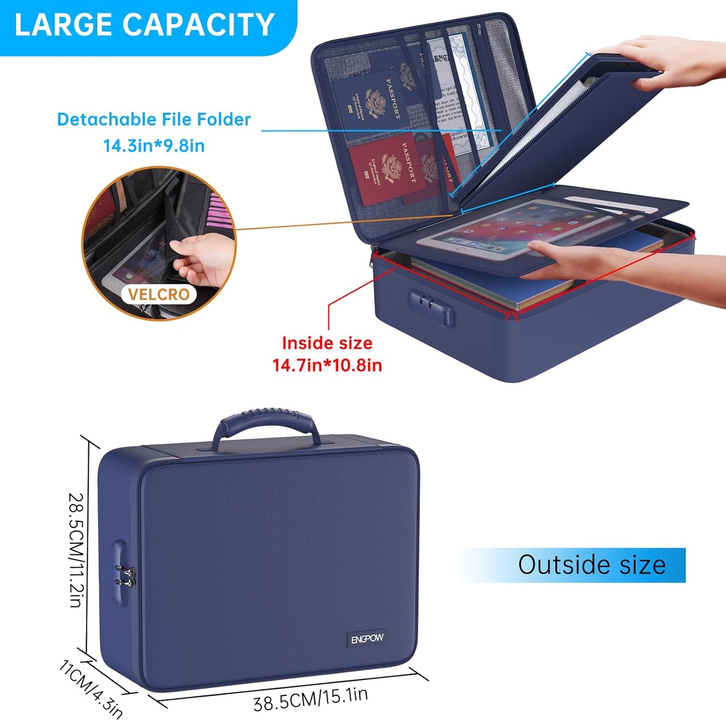 ENGPOW 5200℉ Fireproof File Organizer Bag with 13 Pocket Accordion File Folder,Document Organizer Box with Lock&Labels,Multi-Layer Portable Home Travel Safe Storage Box for Important Documents,Blue