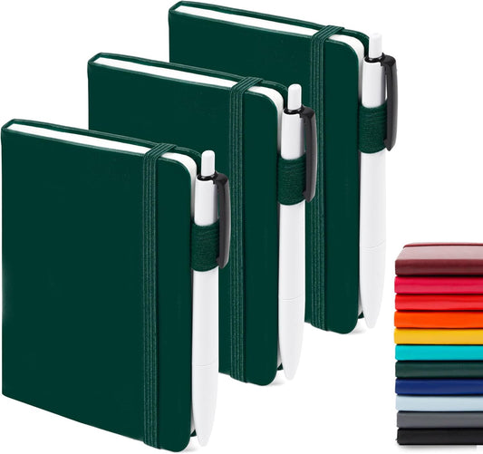 feela 3 Pack Pocket Notebook Journals with 3 Black Pens, A6 Mini Cute Small Journal Notebook Bulk Hardcover College Ruled Notepad with Pen Holder for Office School Supplies, 3.5”x 5.5”, Dark Green