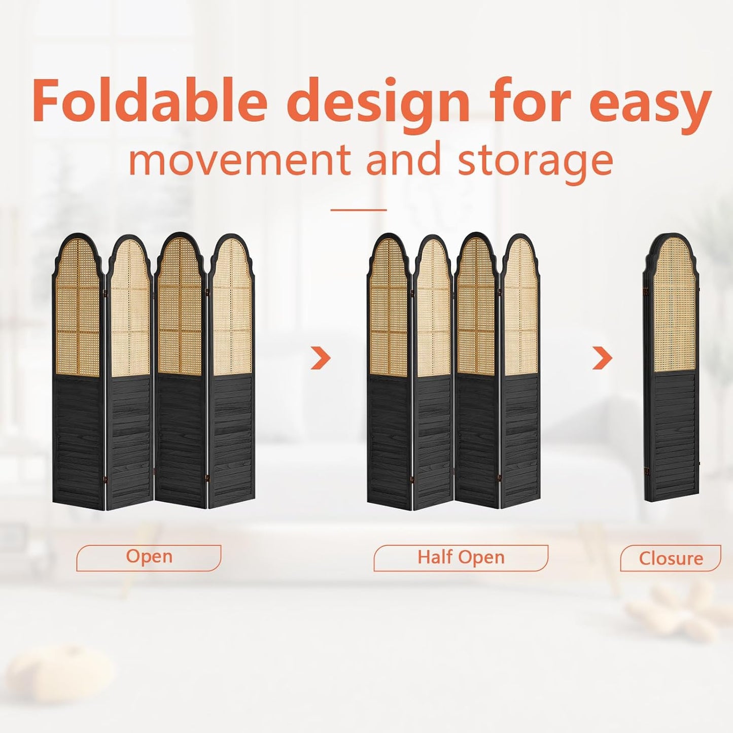 4 Panel Rattan Folding Screen Room Divider, Privacy Dividers for Rooms, Louvered Partition Dividers, Room Divider Panel for Bedroom, Dressing Room, Balcony, Black