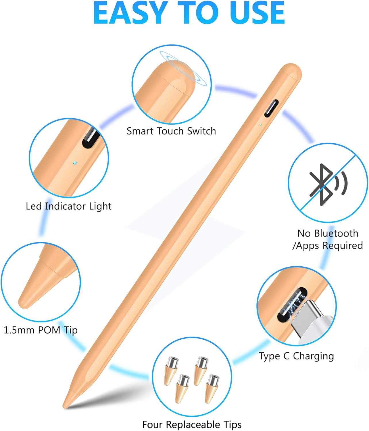 DRYMOKINI Stylus Pen for Touchscreen, Active Stylus Compatible for Android and iOS Tablet/Phones, Rechargeable Universal Stylist Pencil Compatible for A-pple/i-Pad/Phone Tablet, Peach Orange