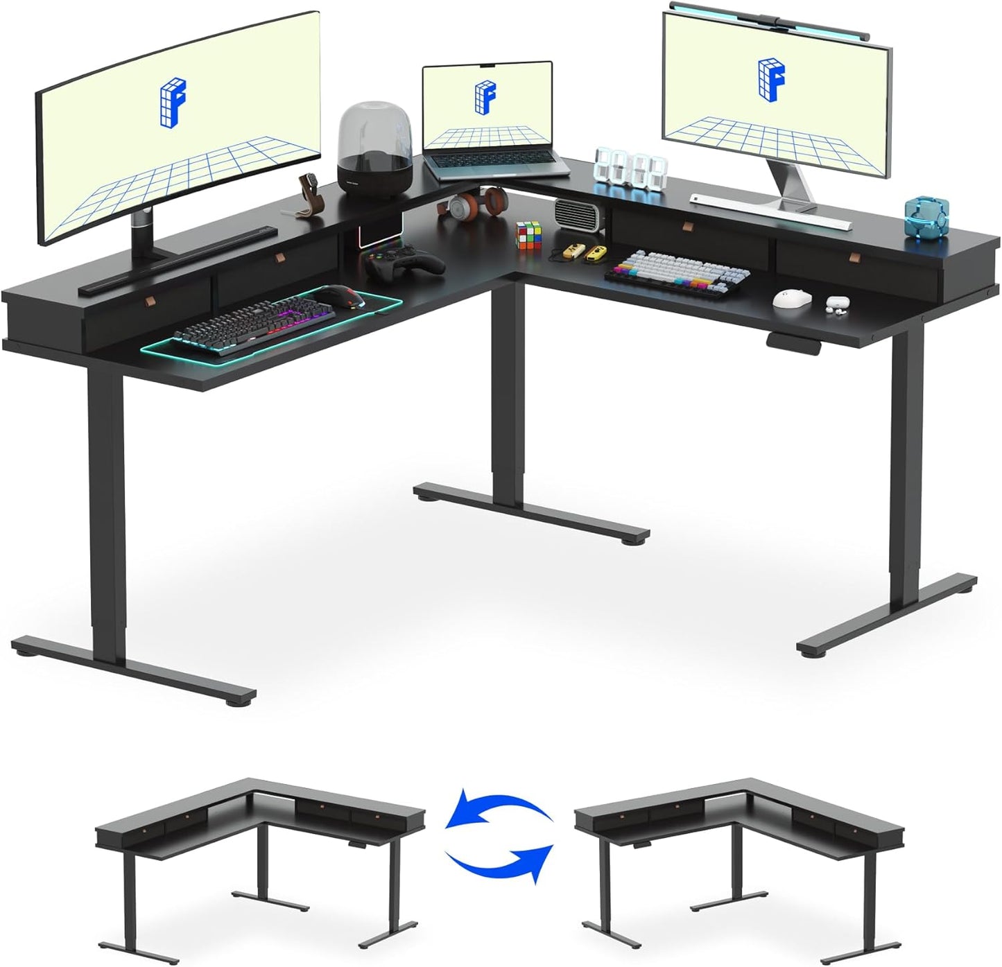 FLEXISPOT 71" Large L Shaped Standing Desk Electric Corner Table with Shelf, 4 Storage Drawers, Adjustable Computer Workstation for Home, Office, Game, Studio, Black Top + Black Frame