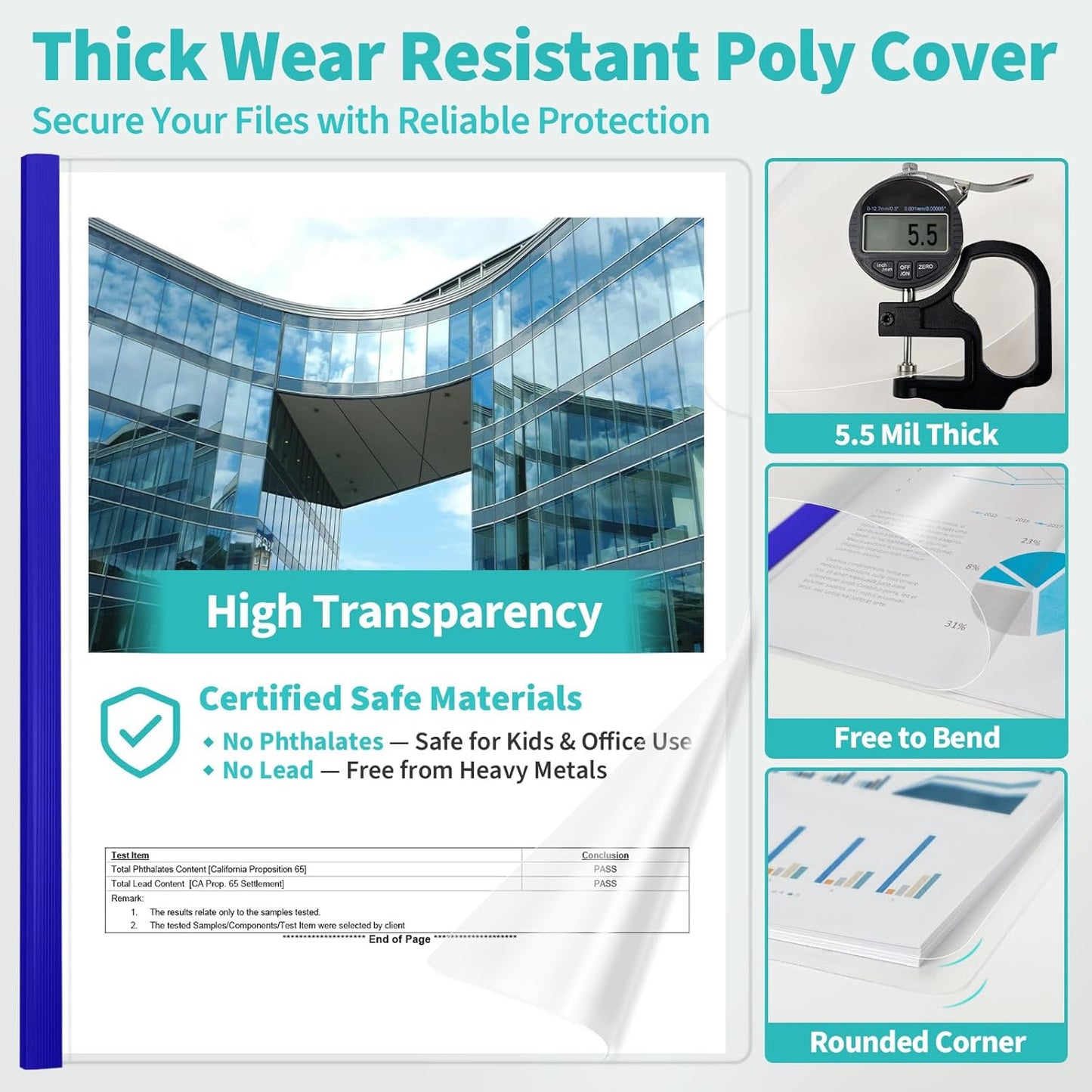 Binditek 12 Pack Clear Report Covers with Navy Sliding Bars, 25 Sheet Capacity, 5mm Binding Bars, Letter Size, 5.5 Mil Thick, for Students and Coworkers