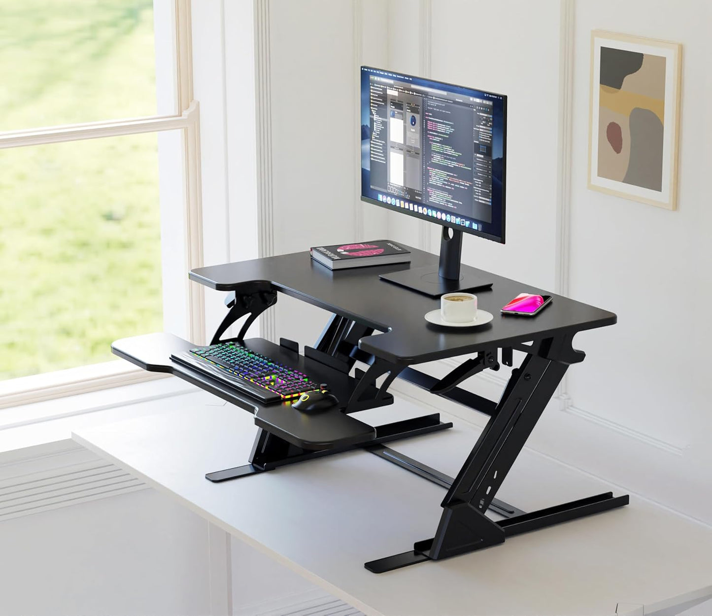 Standing Desk Converter 32 x 24 Inches - Height Adjustable Sit to Stand Riser with Keyboard Tray, Ergonomic Workstation for Home Office, Black