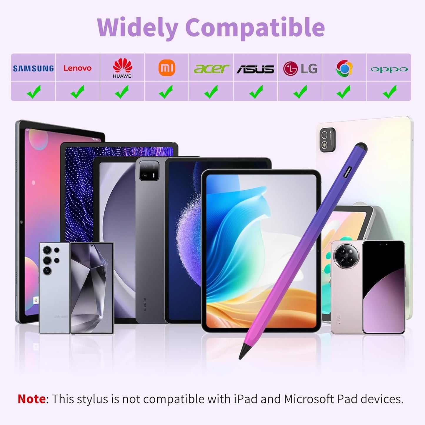 Stylus Pen for iOS&Android Touch Screens, Active Pencil for Samsung, Smart Digital Stylus Pens for Lenovo/Huawei/Vivo/Mi Tablets, iPhone/Google Pixel Smart Phones Drawing&Writing (Purple Rose Red)