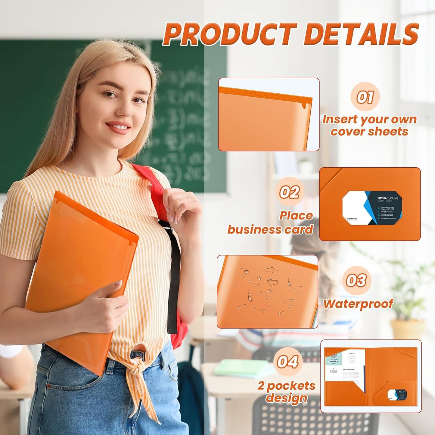 Henoyso 100 Pcs Plastic Folders with Clear Front Pockets Bulk Heavy Duty File Folders with 2 Pockets and Card Slot for Student Teacher Back to School Supplies Office Presentation (Orange)