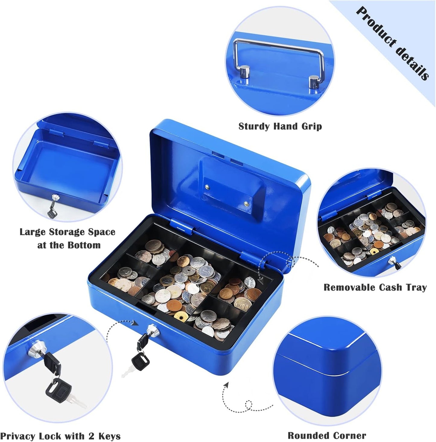xydled Locking Steel Large Cash Box with Removable Coin Tray and Key Lock,9.84"x 7.87"x 3.54",Blue