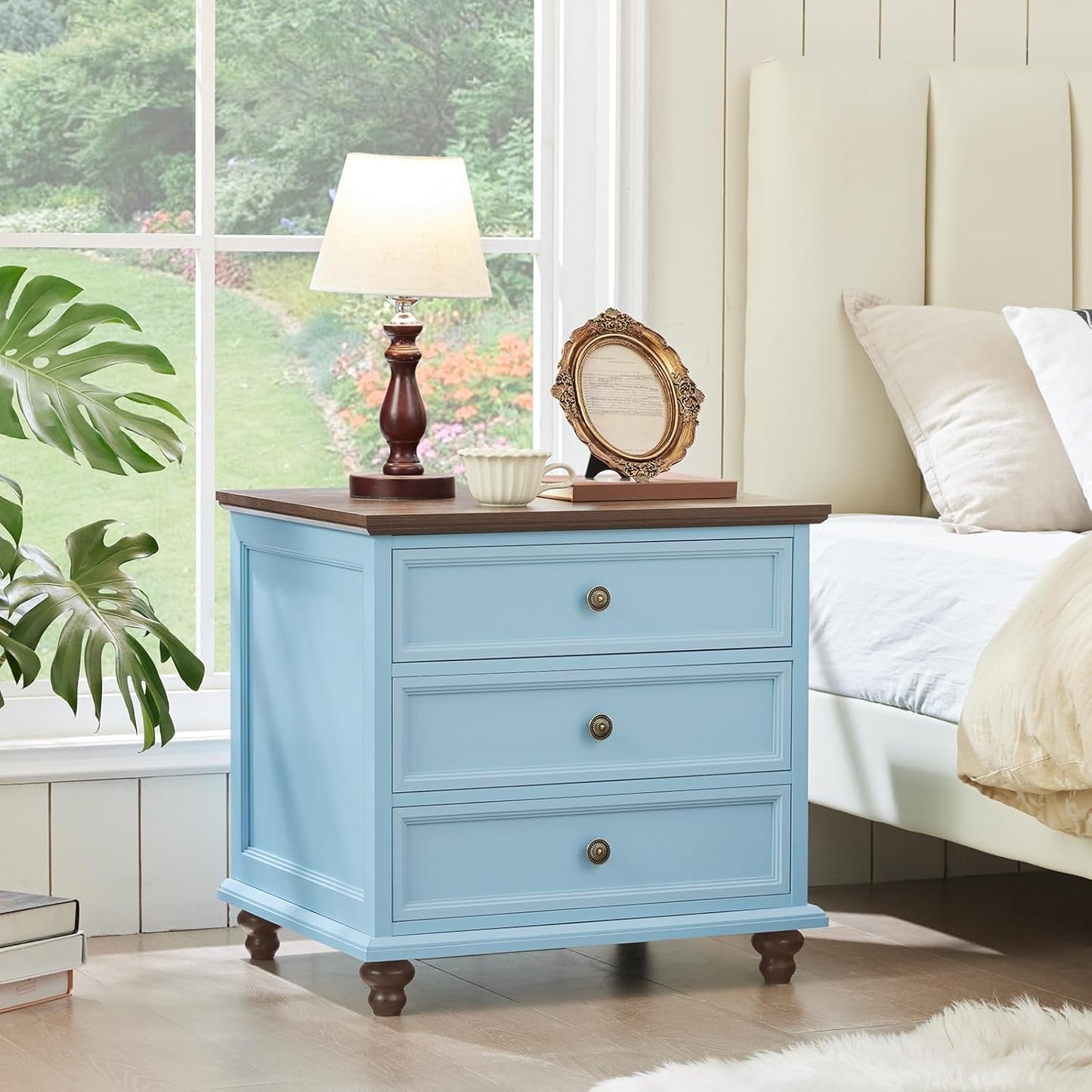 24" Wide Farmhouse Night Stand Set of 2,Large End Table with 3 Drawers & Metal Handle,Light Blue Wood Dresser for Bedroom Cabinet, Bed Side Table Chest of Drawers ,Nightstand for Living Room,Closet
