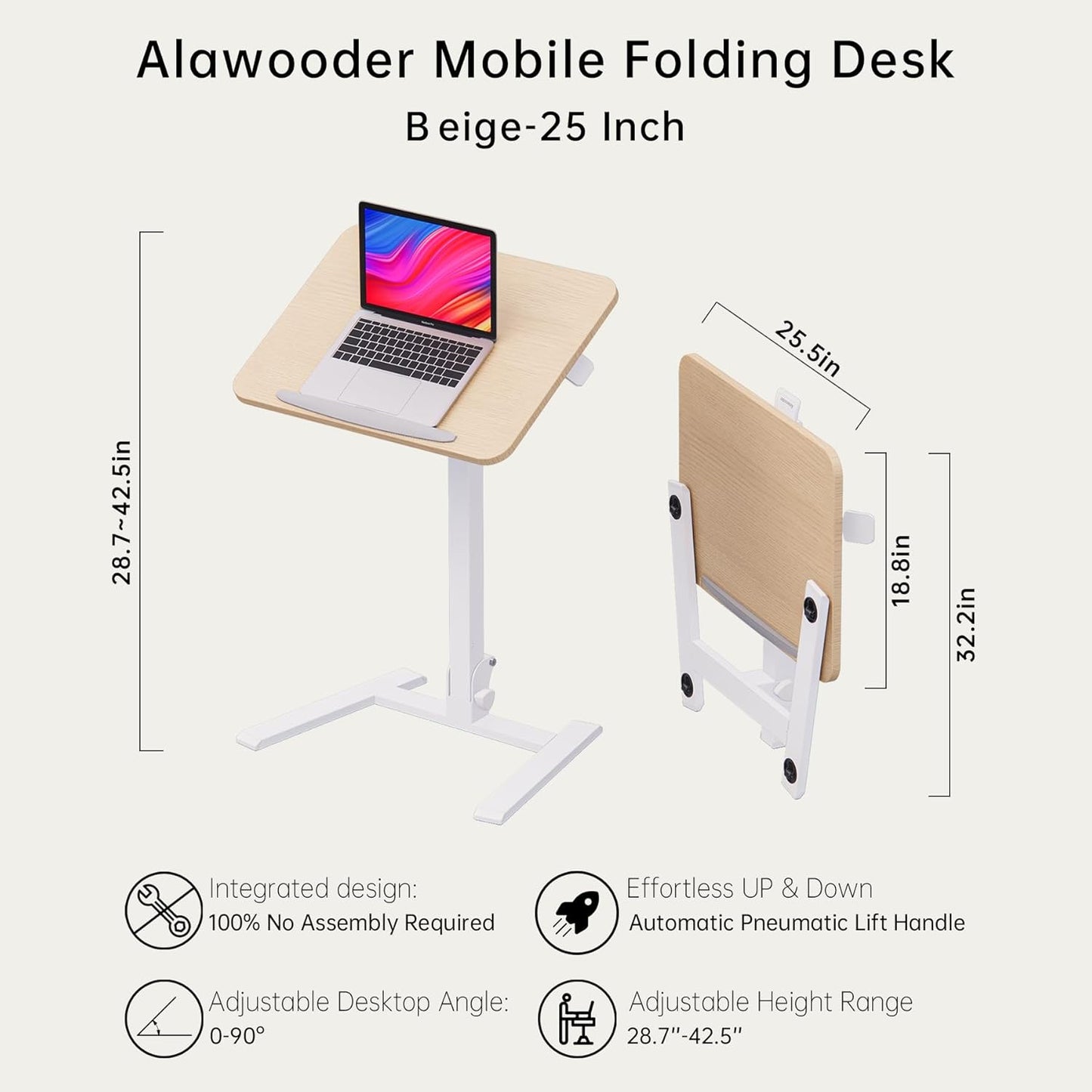Mobile Folding Desk - 25 Inch Space-Saving Portable Sit-Stand Desk with Wheels, Height Adjustable for Home Office, Craft & Study, Beige