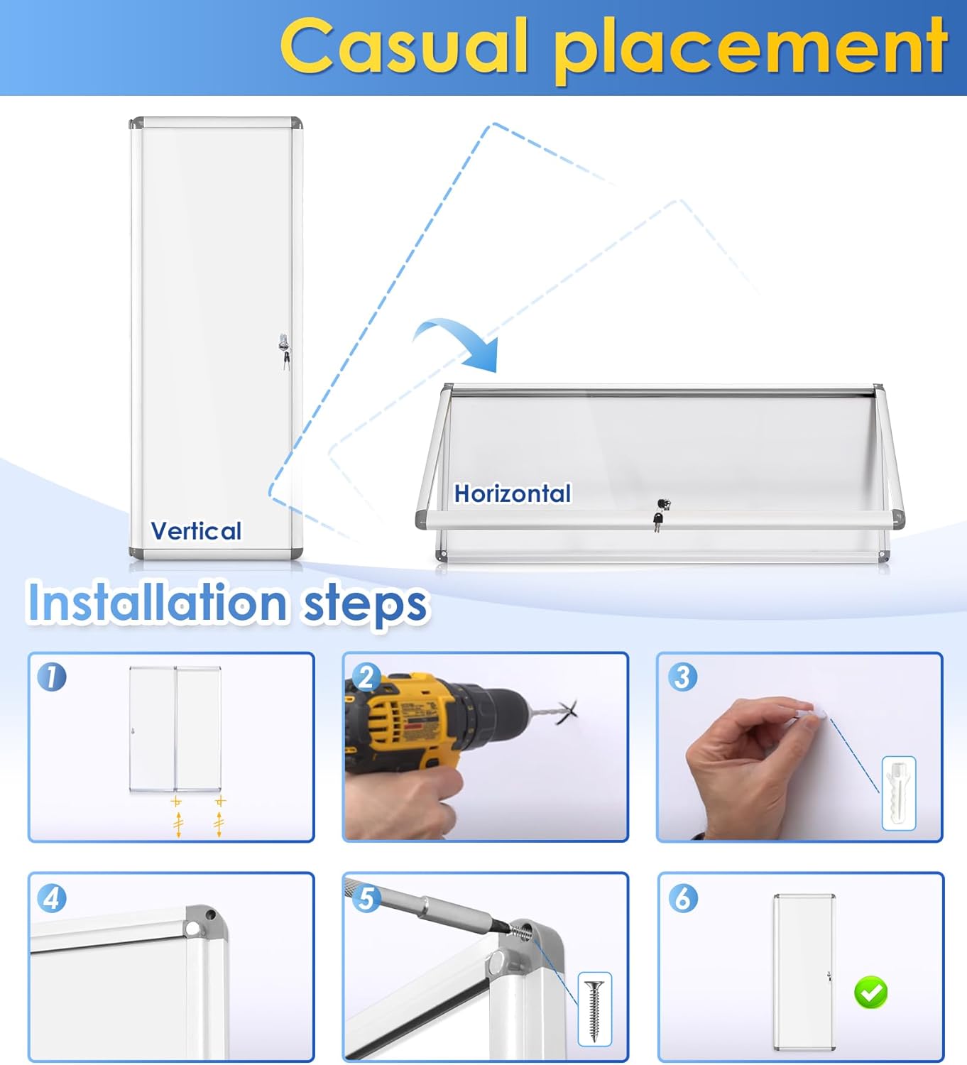 SWANCROWN Enclosed Bulletin Board Magnetic Dry Erase Noticeboard Lockable Display Boards White with Aluminium Frame 38x14inch(4xA4)
