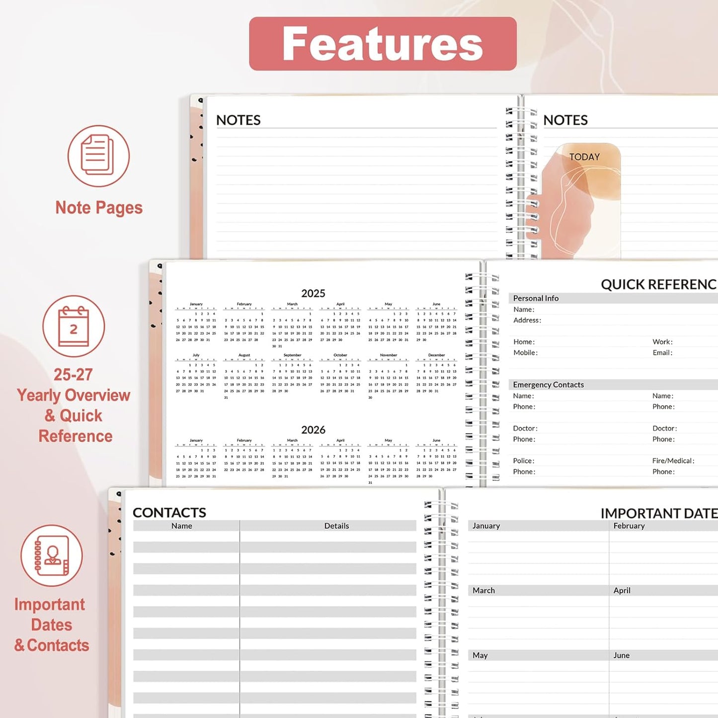 SUNEE 2026 Appointment Book, Quarter-Hourly, Weekly & Monthly - from January 2026 - December 2026, 8.5"x11" Weekly Planner, Flexible Cover, Note Pages, Pockets, Bookmark, Spiral Binding, Pink Breeze