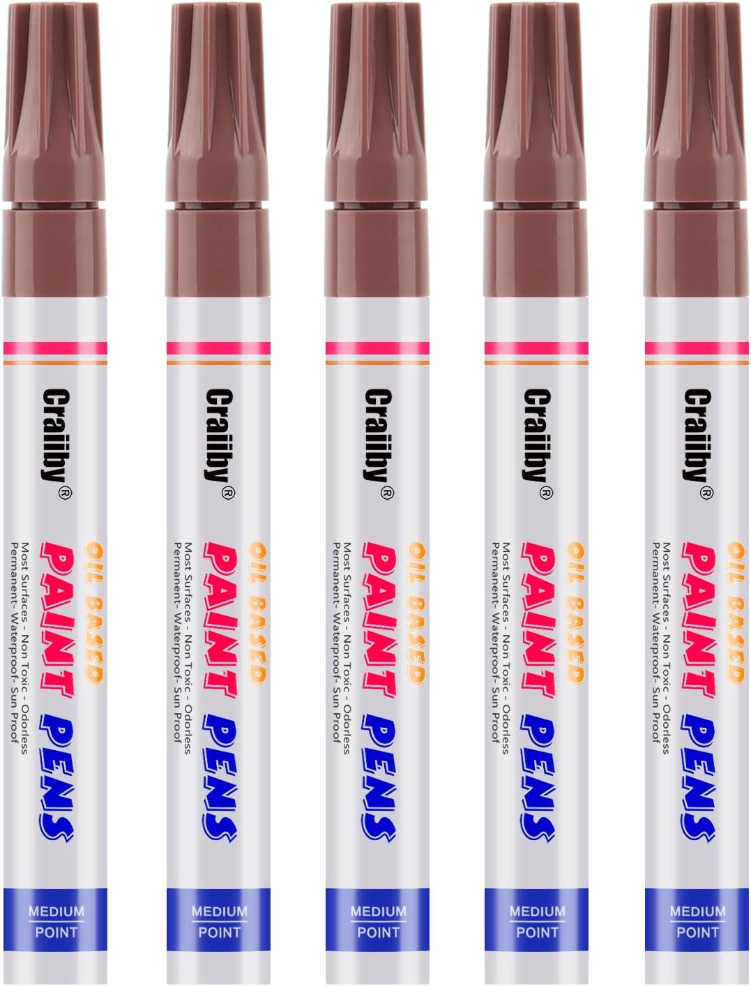 Brown Paint Markers, 5 Pack Oil-Based Waterproof Quick Dry Permanent Paint Pen Set for Rocks Painting, Wood, Fabric, Plastic, Canvas, Glass, Mugs, Metal, Tire, Stone, DIY Craft