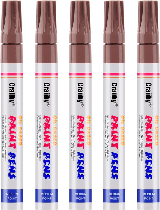 Brown Paint Markers, 5 Pack Oil-Based Waterproof Quick Dry Permanent Paint Pen Set for Rocks Painting, Wood, Fabric, Plastic, Canvas, Glass, Mugs, Metal, Tire, Stone, DIY Craft