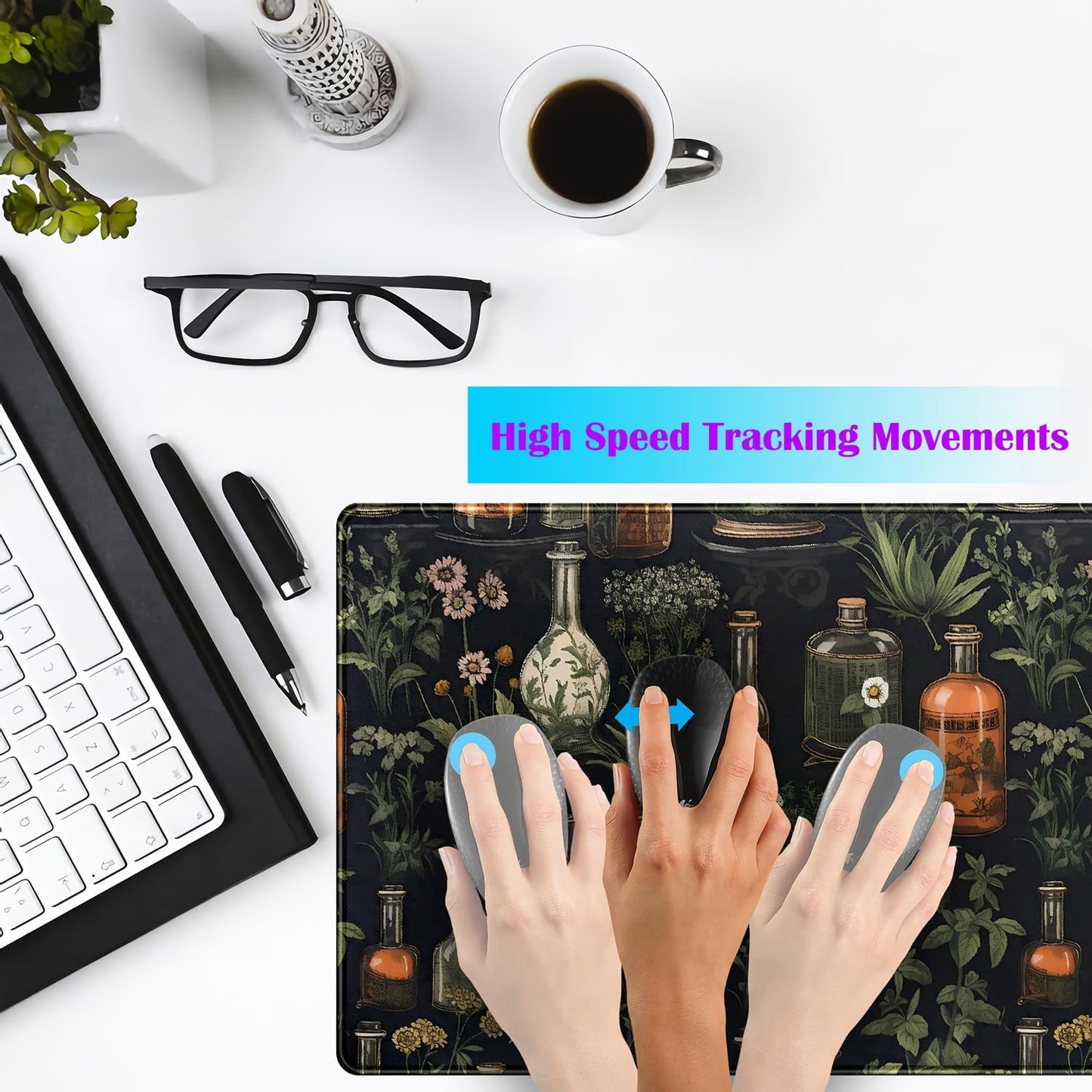 Black Aesthetics Desk Mat Mouse Pad Large Gaming Mouse Pad Desk Pad Mousepad, Mystical Green Plant Computer Laptop Keyboard and Mouse Mat, Desktop Protector Mat for Women Girl Office 31.5x15.8 in