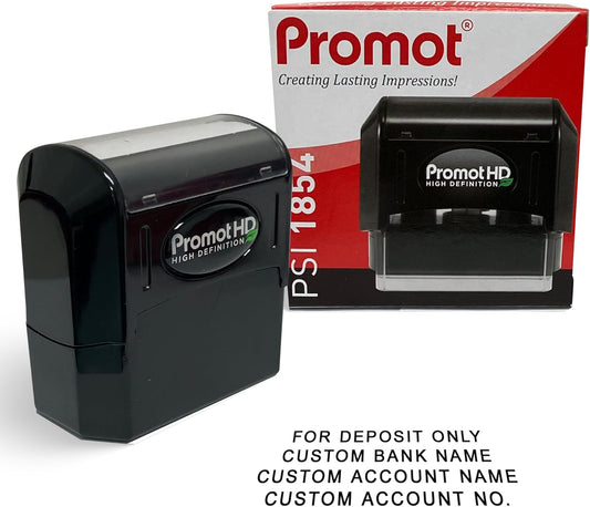 Promot Pre-Inked Custom Deposit Stamp - Personalized Text, Refillable Custom Stamp with Built-in Ink Reservoir, Easy 3-Step Re-Inking, Customized Rubber Stamp for Bank and Businesses (4-Lines)