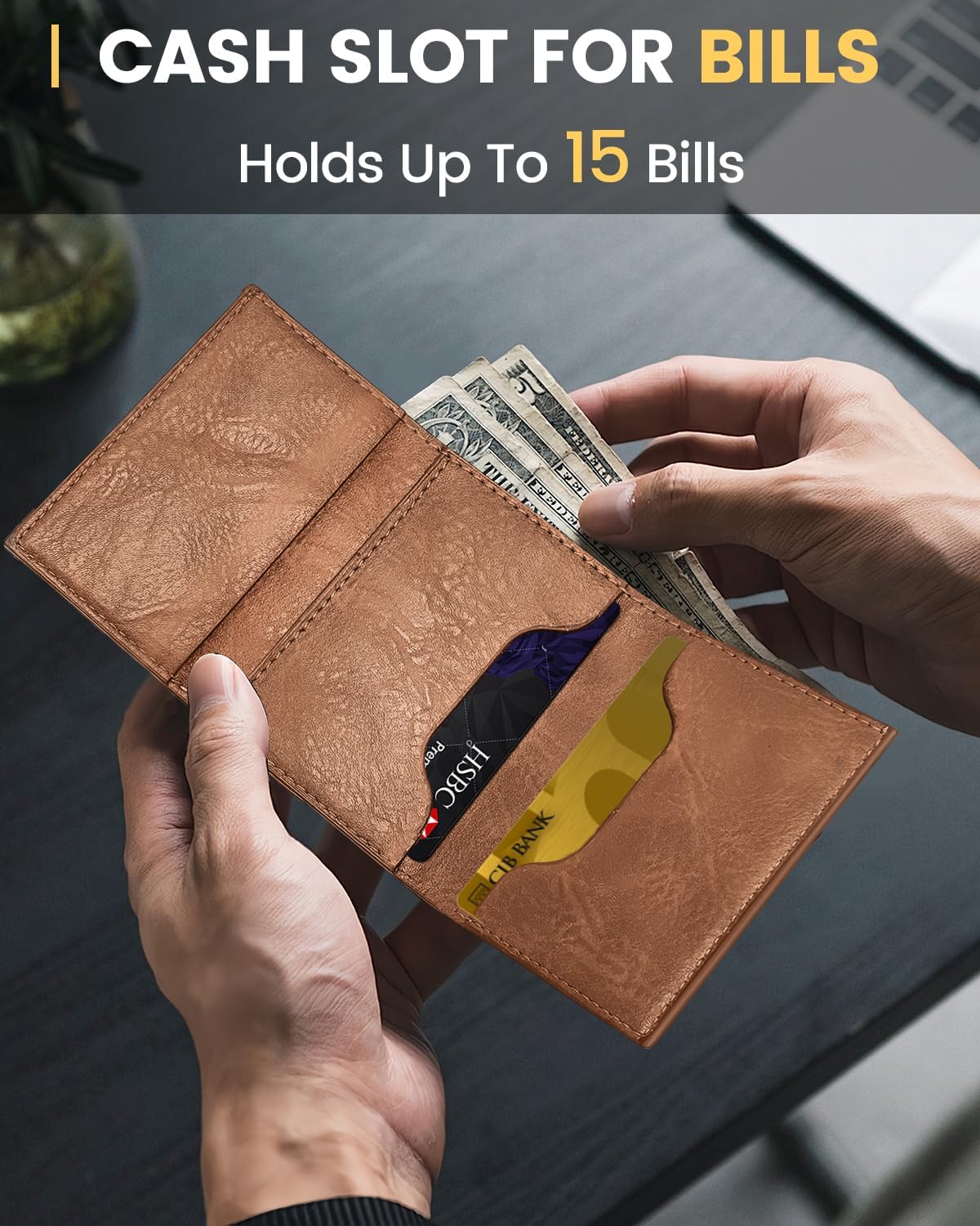 Wallet for Men with RFID Blocking, Minimalist Smart Credit Card Holder with Pop-Up Mechanism, Holds 12-14 Cards, Slim Wallet Includes Coin Pocket & Cash Slot, Genuine Leather, Gift for Men, Brown
