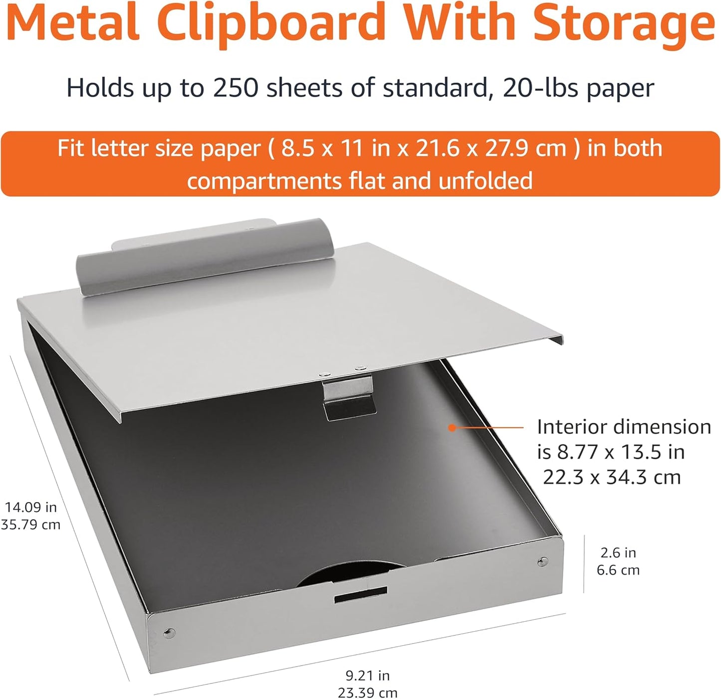 Amazon Basics Metal Clipboard with 2 Compartments and Interior 250 Sheet Paper Storage, 14.09 x 9.21 x 2.6 inches, letter size, Silver