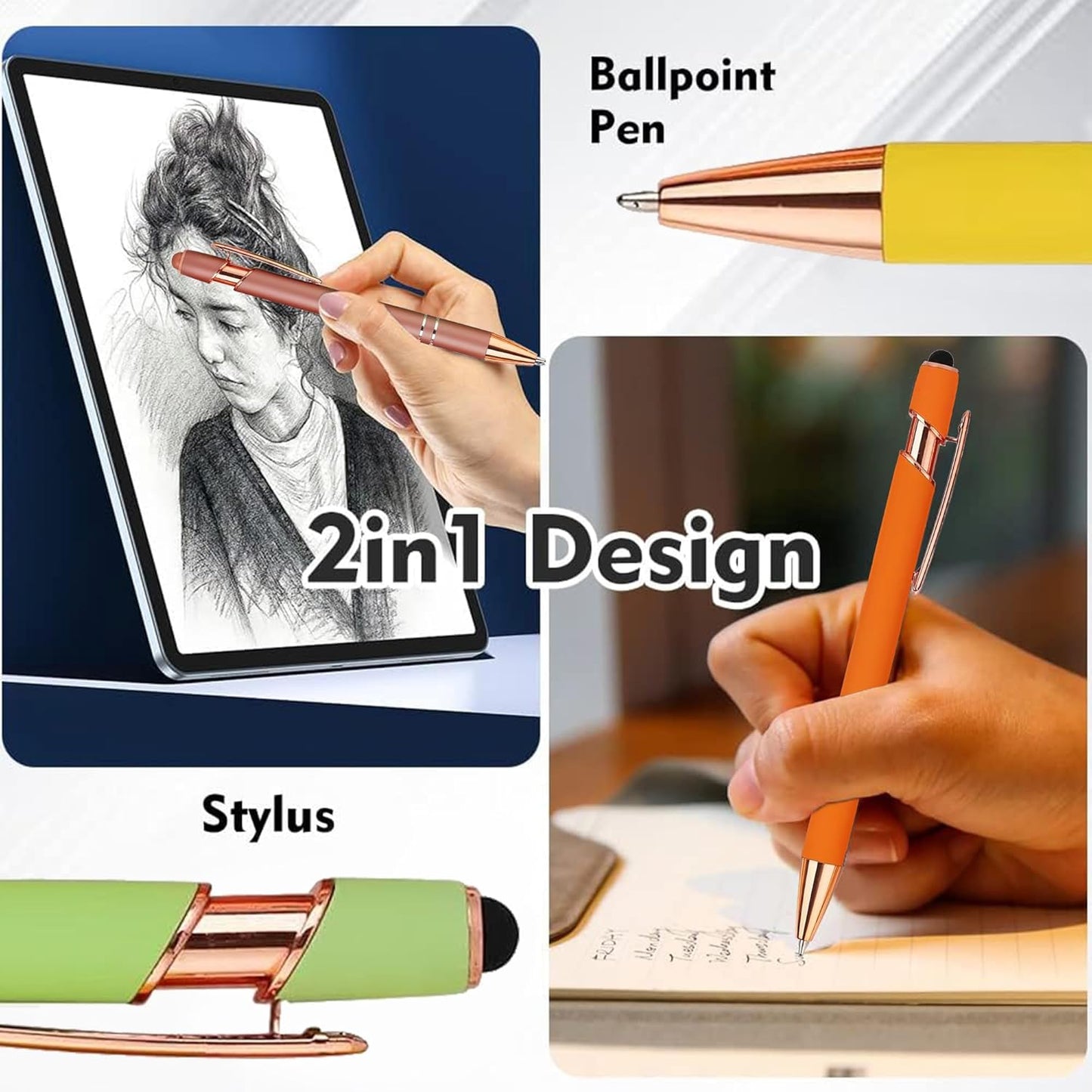 12 PCS 2 in 1 Stylus Ballpoint Pen with Stylus Tip, 1.0 mm Black Ink Metal Pen Stylus Pen for Touch Screens (Rose Gold & Mix3)
