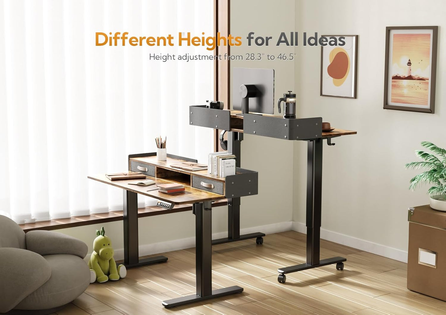 Claiks Standing Desk with Drawers, Stand Up Electric Standing Desk Adjustable Height with Storage Shelf and Splice Board, 48 Inch, Rustic Brown