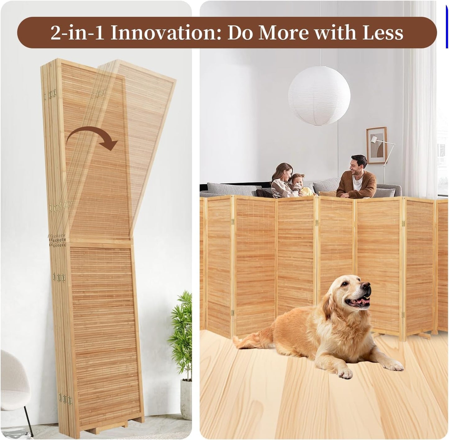 Bamboo Room Divider 8 Panel Wall Divider, 142'' W x 67'' H Folding Design with Extra Stable Base, 100% Bamboo Room Divider Screen for Room Separation, Chinese Room Partitions and Dividers Freestanding
