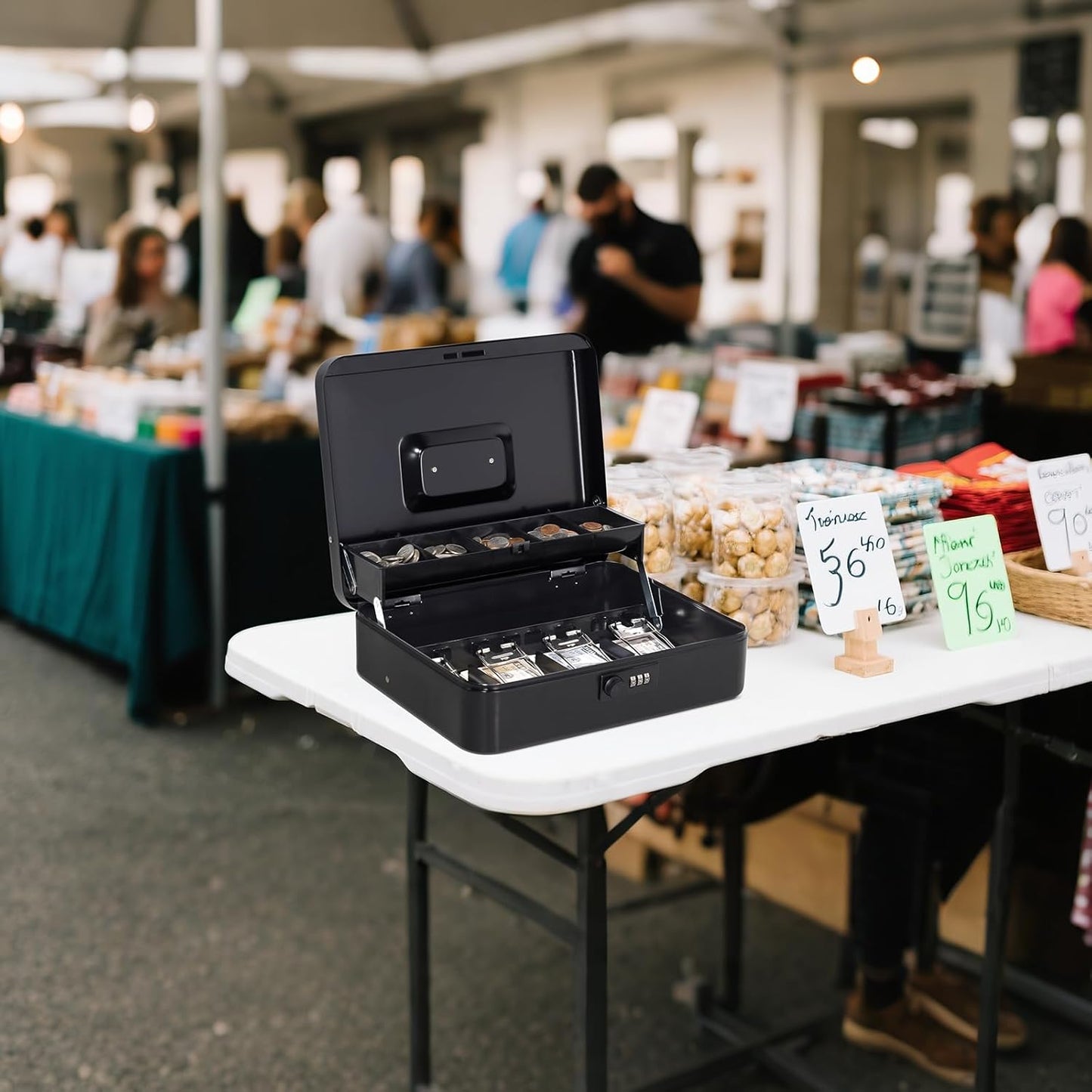 Jssmst Locking Large Metal Cash Box with Money Tray, Money Box with Combination Lock, Black