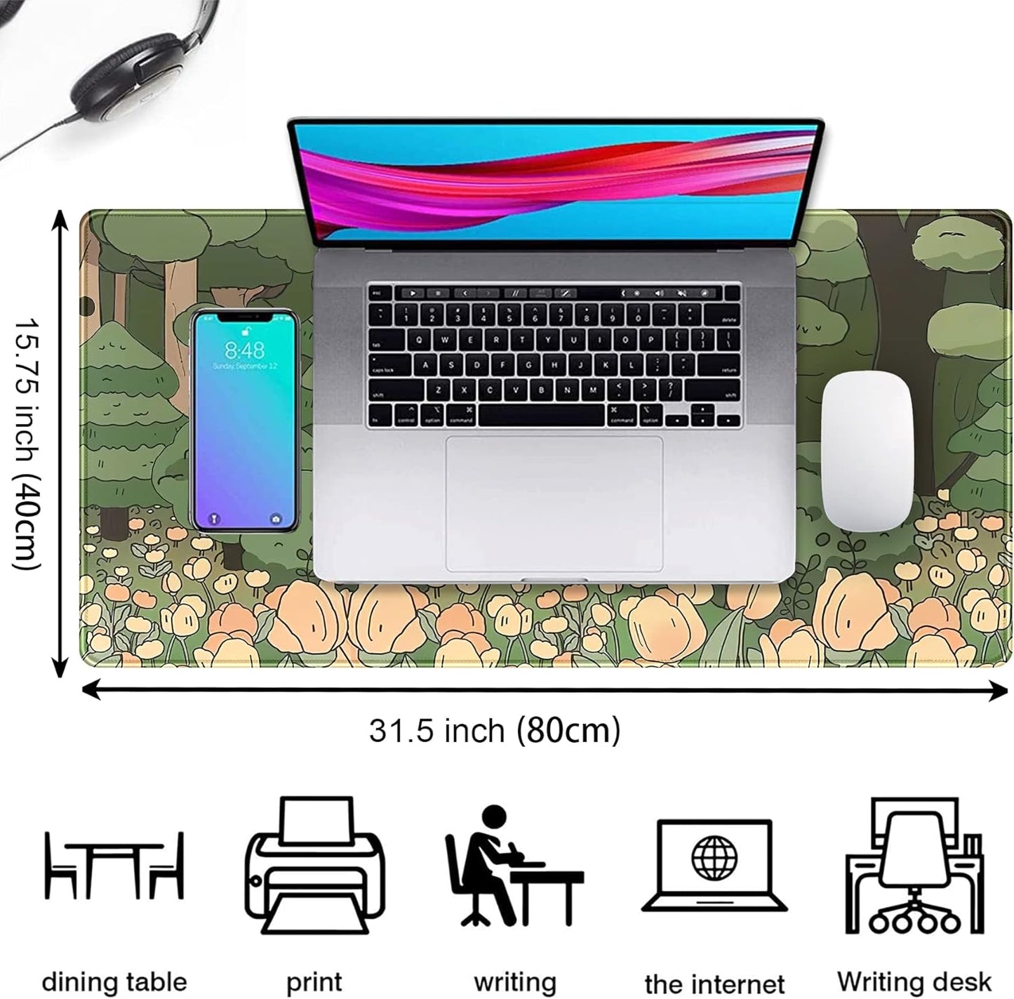 Anime Forest Desk Mat,Cute Green Mouse Pad,Kawaii Aesthetic Full Desktop Pad XXL Gaming Mousemat XL, Extended Korean Animals Bear Bunny Keyboard Mat Large 31.5x15.7 Inch Non-Slip&Stitched Edges