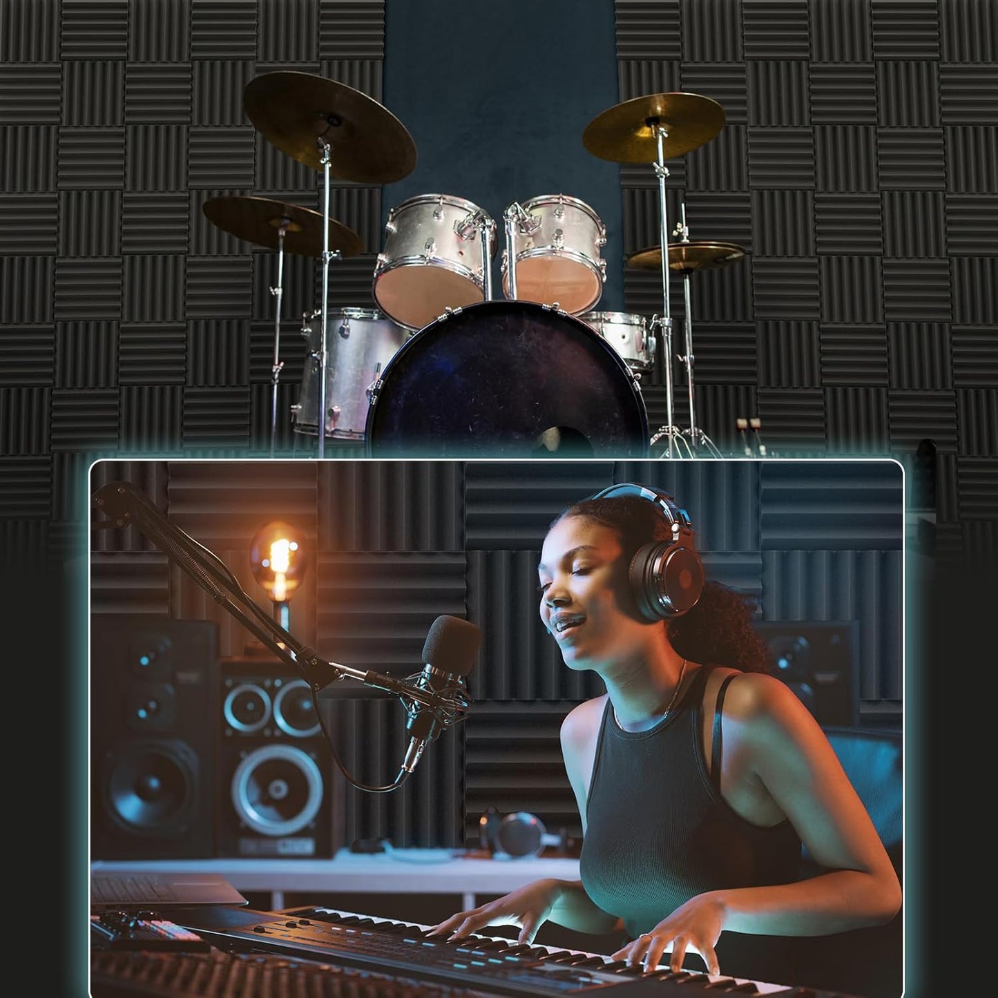 JBER 24 Pack Sound Proof Acoustic Foam Panels, Thicken, 5 X 30 X 30 cm Self-Adhesive Acoustic Wall Paddings for Home Office Studios (Black)