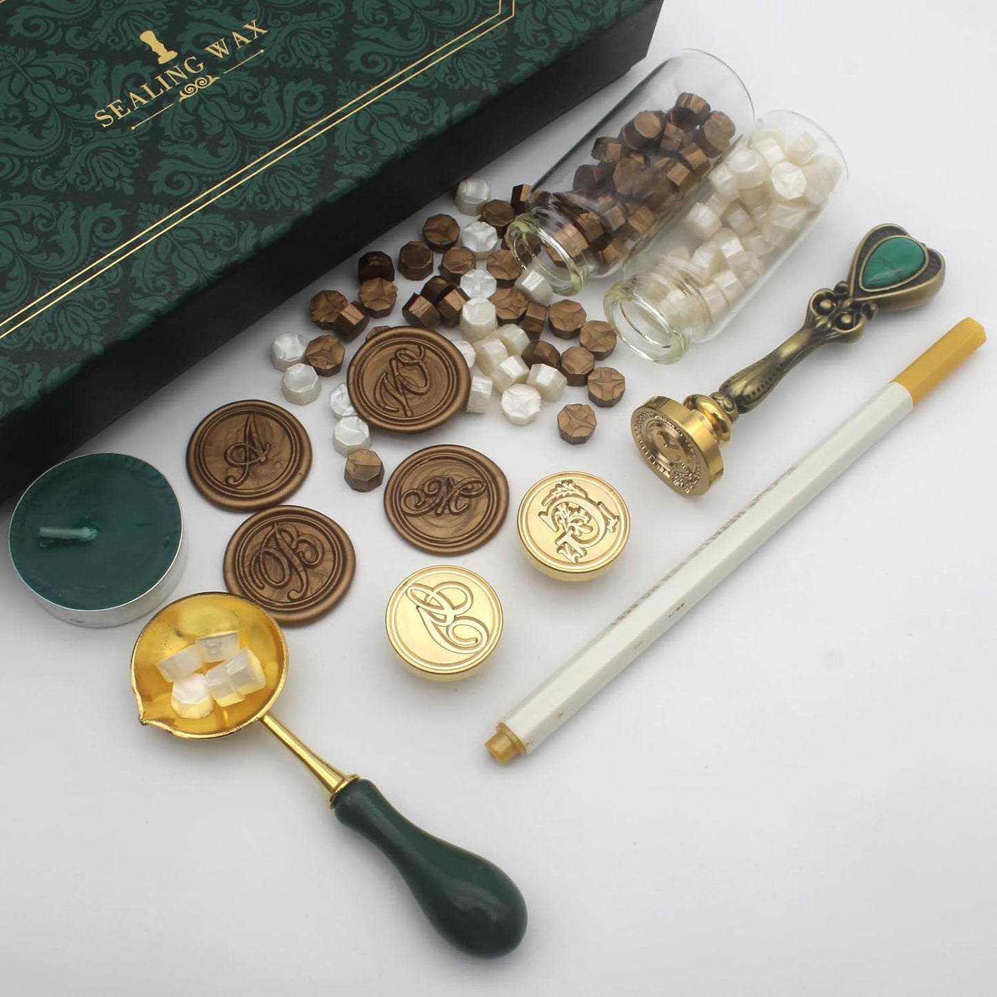 Letter Wax Seal Kit with Initial Alphabet G Wax Seal Stamp Head 3pcs, Pearl White and Vintage Gold Stamp Sealing Beads, Spoon, Metallic Gold & Silver Pen, Vintage Gift Box Set
