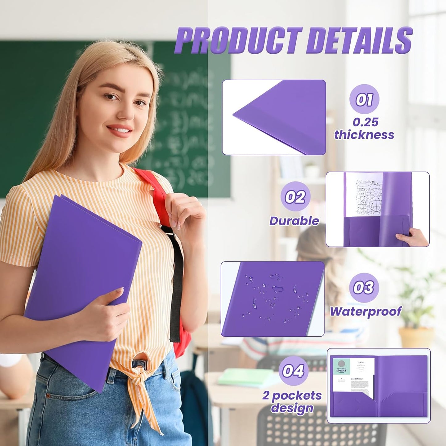 Gueevin 50 Pcs Plastic Folders with Pockets, Back to School Two Pocket Folder Fit Letter Size, Heavy Duty School Business Card Holder for Home Office, 11. 61 x 9. 45 Inches (Purple)
