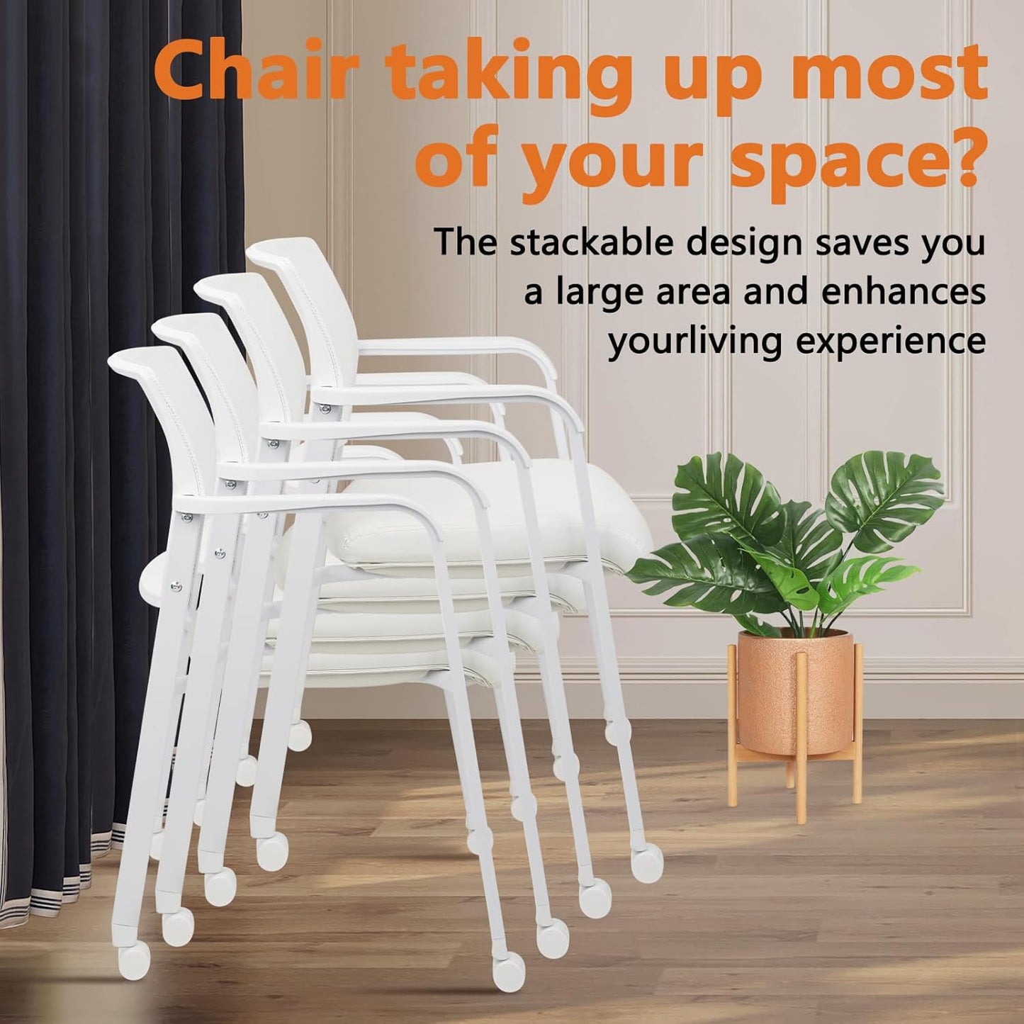 CLATINA Stacking Office Chairs with Wheels | Mesh Back, Thicken Leather Seat and Streamline Armrests, Ergonomic Lumber Support | School, Desk, Guest Reception, Waiting, Conference | Set of 4, White