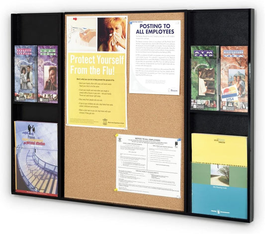 Combination Bulletin Board and Literature Rack for Wall Mount Use, Includes Cork Display Surface and 4 Brochure Pockets with Removable Dividers