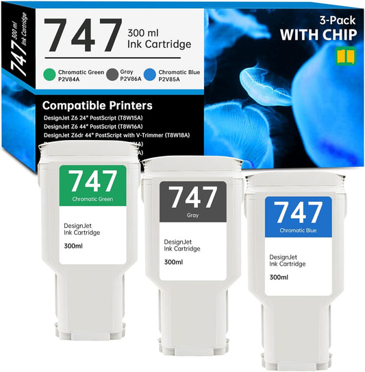 747 Ink Cartridge 300ml Replacement for HP 747 747XL P2V84A P2V85A P2V86A Ink Cartridge for DesignJet Z6 DesignJet Z9+ Large Format Printers, 3 Pack 747 Ink Kit (Gray/Chromatic Green/Chromatic Blue)