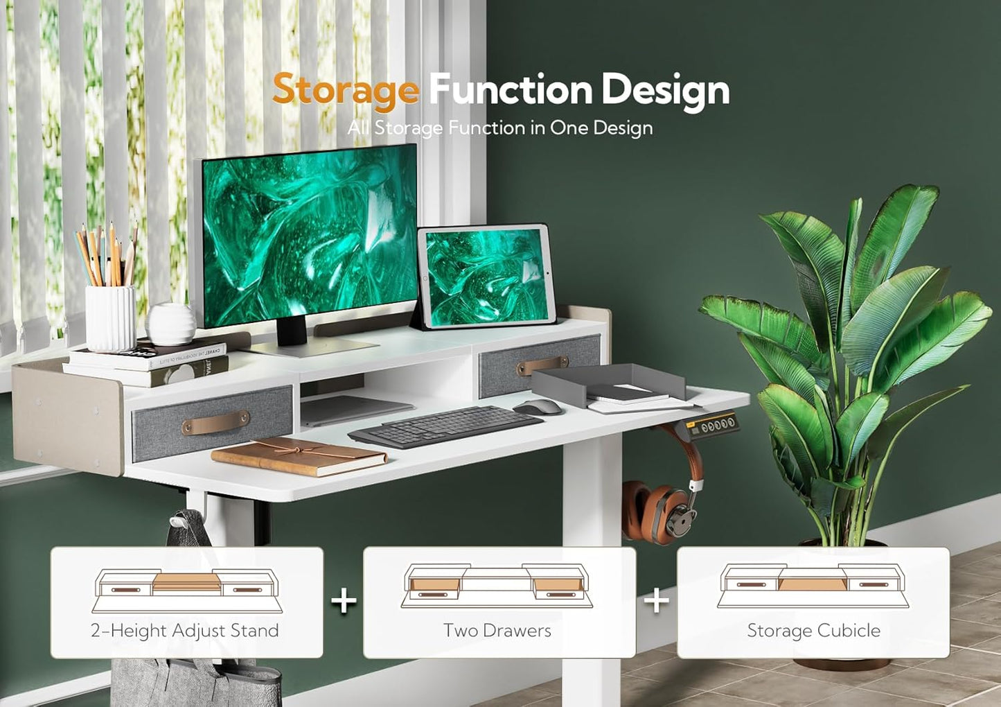 Claiks Standing Desk with Drawers, Stand Up Electric Standing Desk Adjustable Height with Storage Shelf and Splice Board, 48 Inch, White