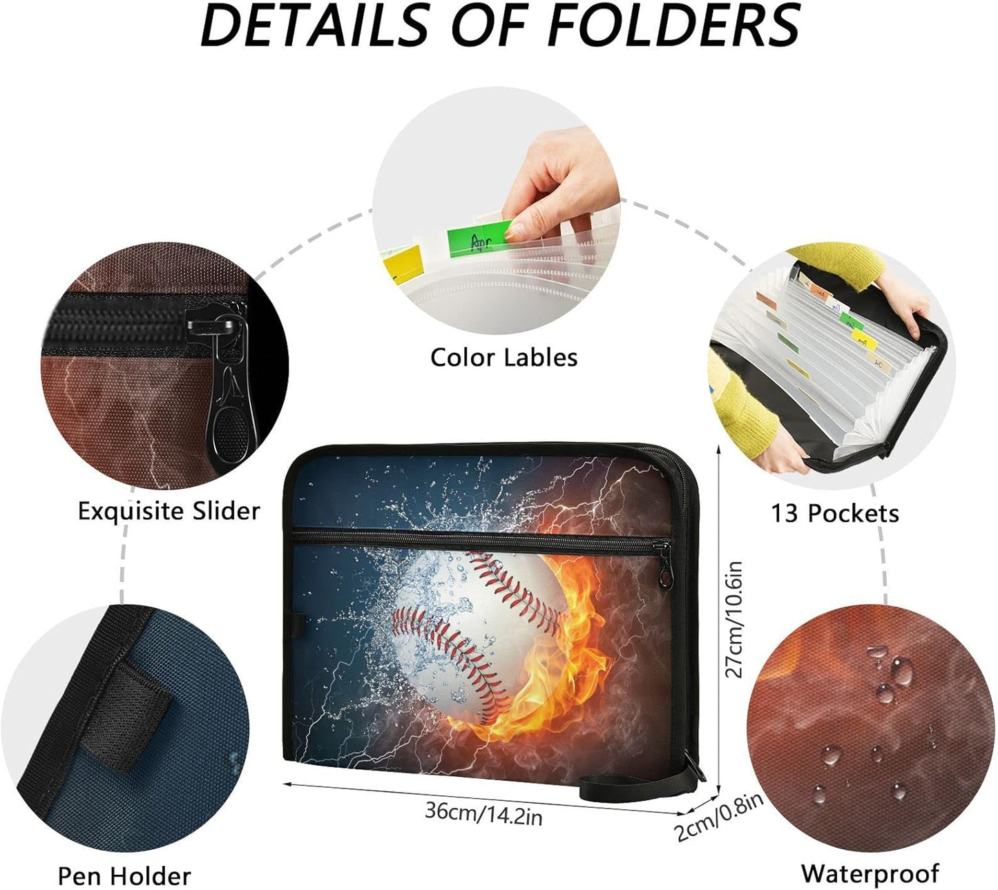 Gredecor Baseball Ball in Fire and Water Expanding File Folder 13 Pockets Sports Theme Expandable Filing Folders Accordion Document Files Organizer for A4 Letter Size Paper