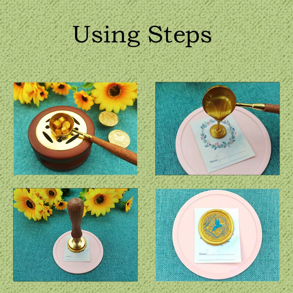 Starry Animal Wax Seal Stamp Set with 4 PCS Removable Brass Heads and 1 Wooden Handle - Retro Vintage Cat Deer Rabbit Fox Sealing Wax Stamp for Letter Cards Invitations