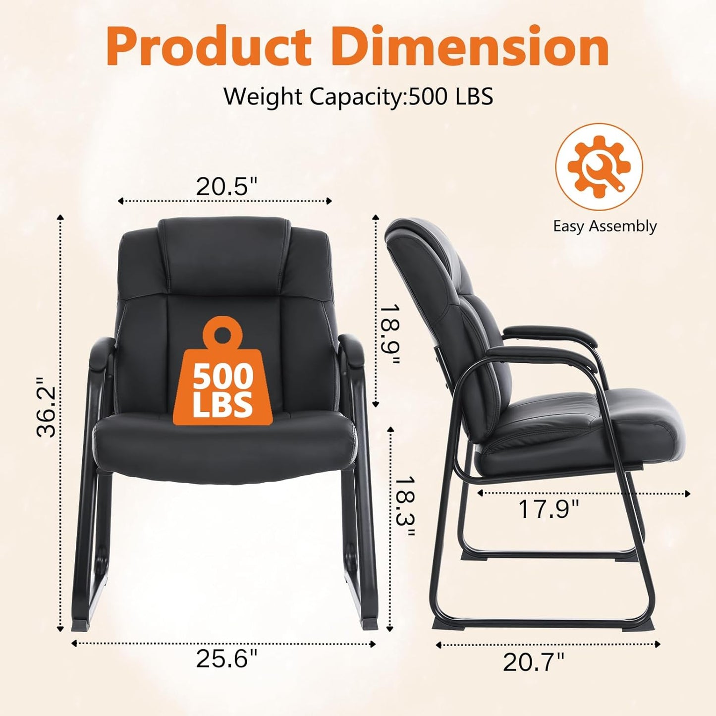 CLATINA Big & Tall 500 lb. Guest Chair, Leather Reception Chairs with Sled Base and Padded Arm Rest for Waiting Room Office Home and Meeting Conference-Black