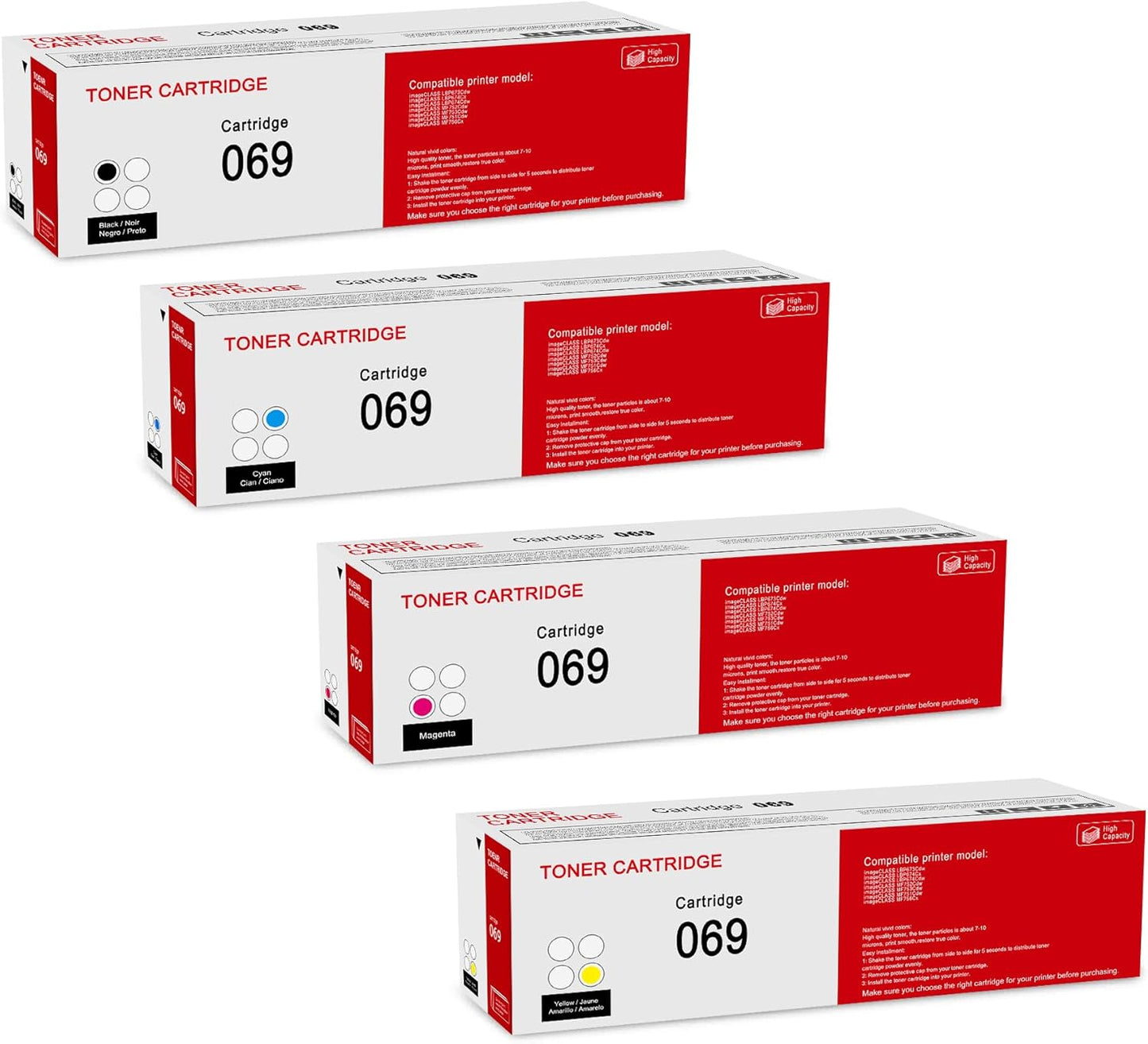 4 Pack 069 BK/C/M/Y Toner Cartridge Compatible 5094C001 5093C001 5091C001 5092C001 Toner Cartridge Replacement for Canon imageCLASS LBP673Cdw LBP674Cx LBP674Cdw MF752Cdw MF753Cdw Printer