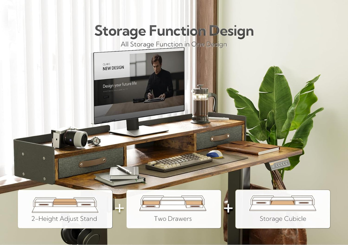 Claiks Standing Desk with Drawers, Adjustable Stand Up Electric Small Standing Desk Adjustable Height with Storage Shelf and Splice Board, 40 Inch, Rustic Brown