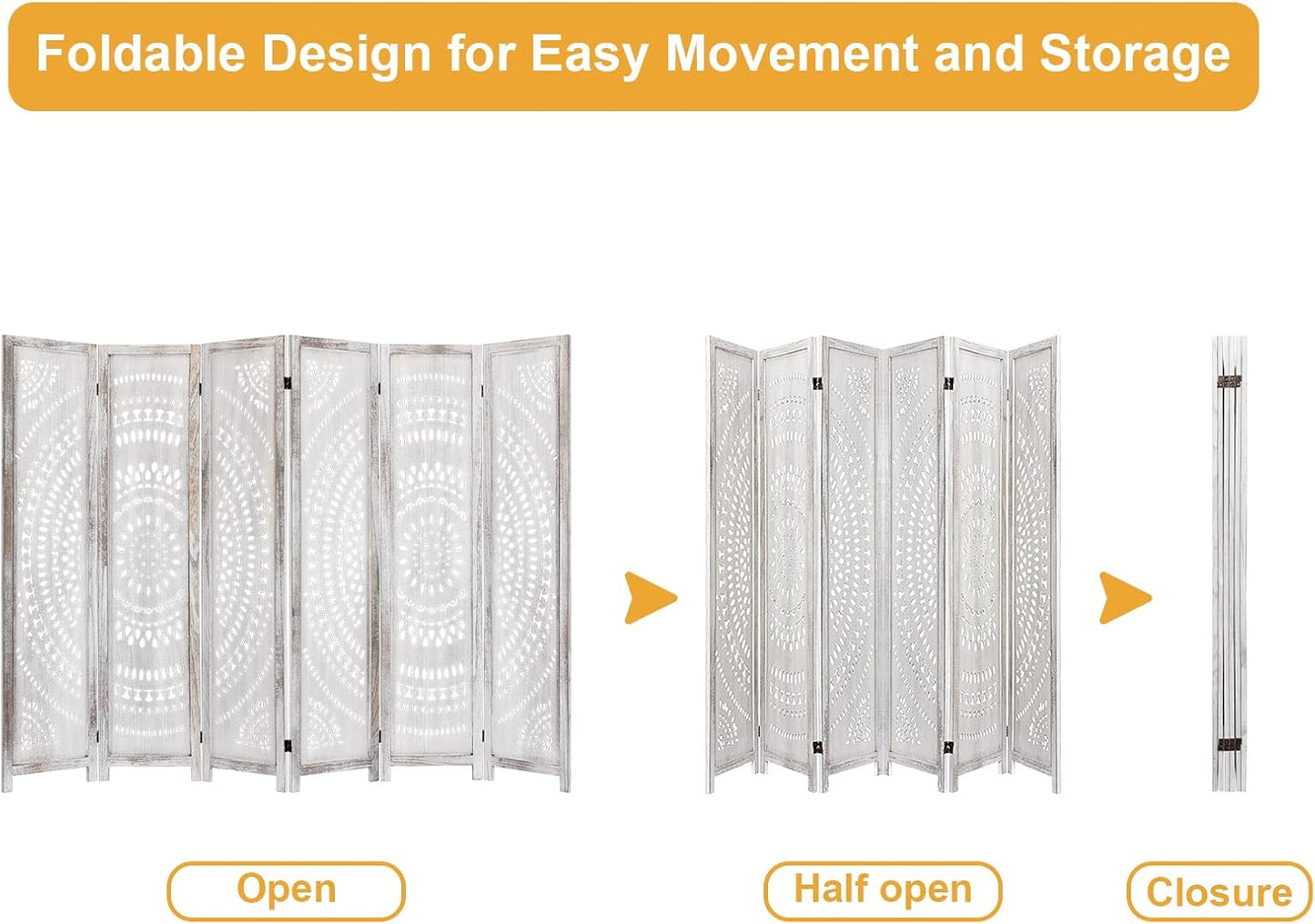 6 Panel Handcrafted Carved Room Divider Screen, 360° Adjustable Wood Folding Privacy Screens for Room Separation, 66.9 Inch Partition Room Dividers for Home Bedroom Office, White
