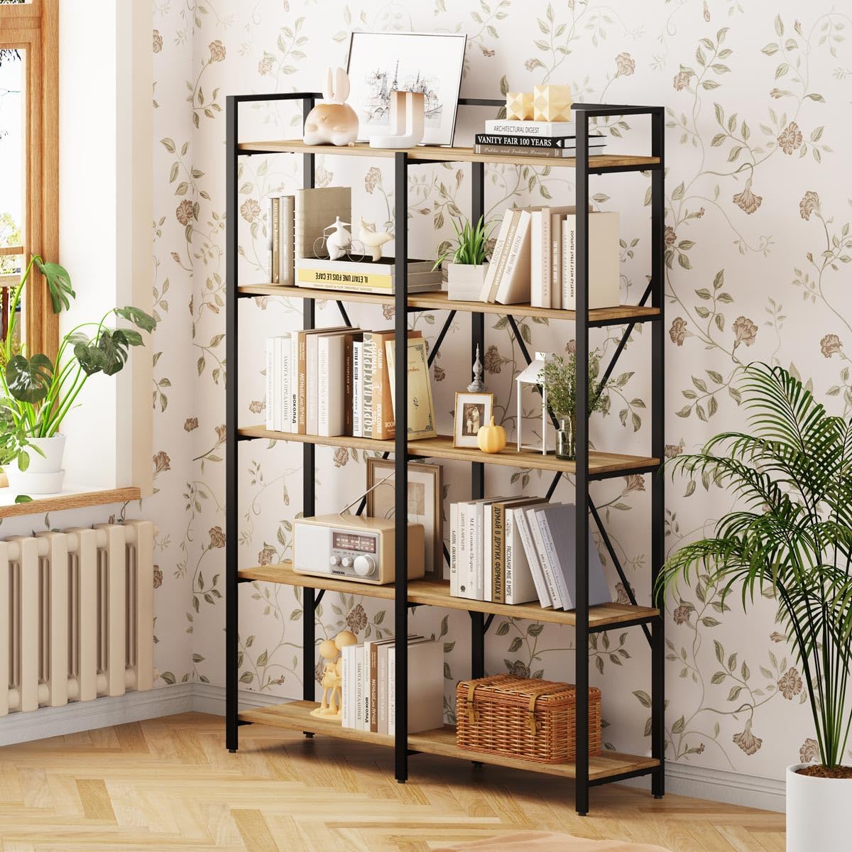 BON AUGURE Industrial Bookshelves and Bookcases, 5 Tier Heavy Duty Etagere Shelving Unit, Farmhouse Rustic Wood Metal Book Shelves for Office, Living Room and Bedroom (Vintage Oak)