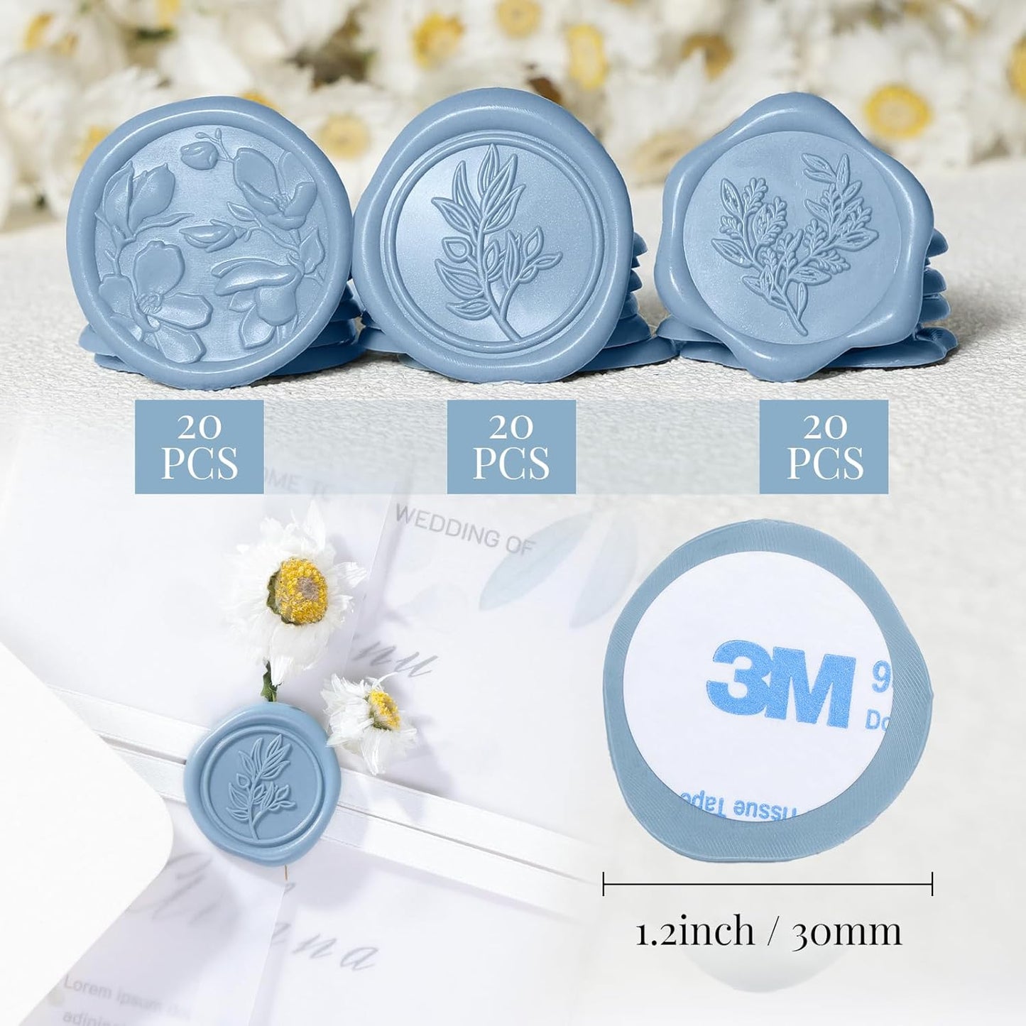 UNIQOOO Wax Seal Stickers - (3 Designs in 1 Pack) Wedding Invitation Envelope Seal Stickers, 60 Pcs Self-Adhesive Stickers, Perfect for Invitation, Christmas, Gift Wrapping (Dusty Blue)