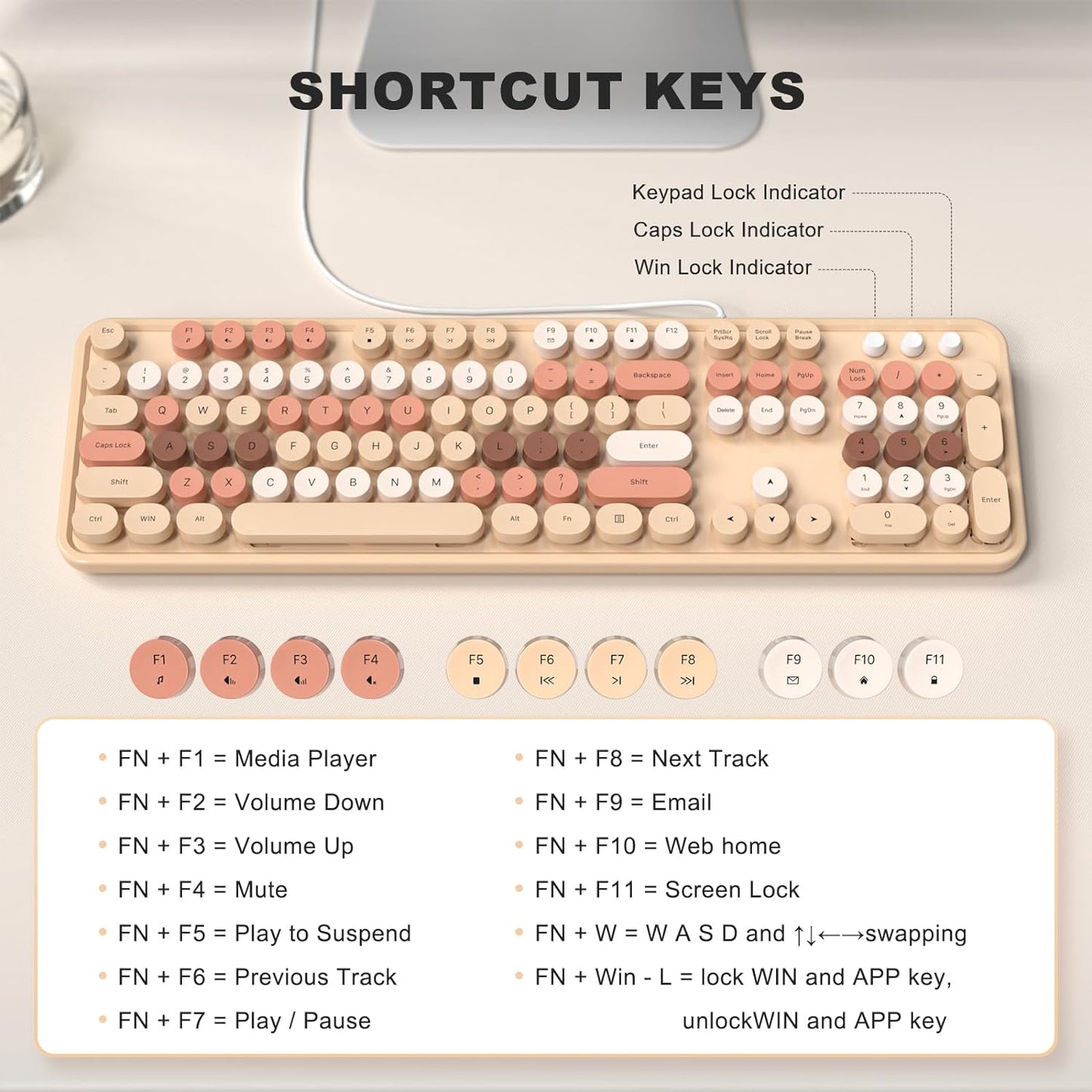 MOFII Wired Keyboard, Full Size USB Keyboard Plug Play, Colorful Retro Round Typewriter Keyboard with Foldable Stands for Windows PC Laptop (Milk Tea Colorful)