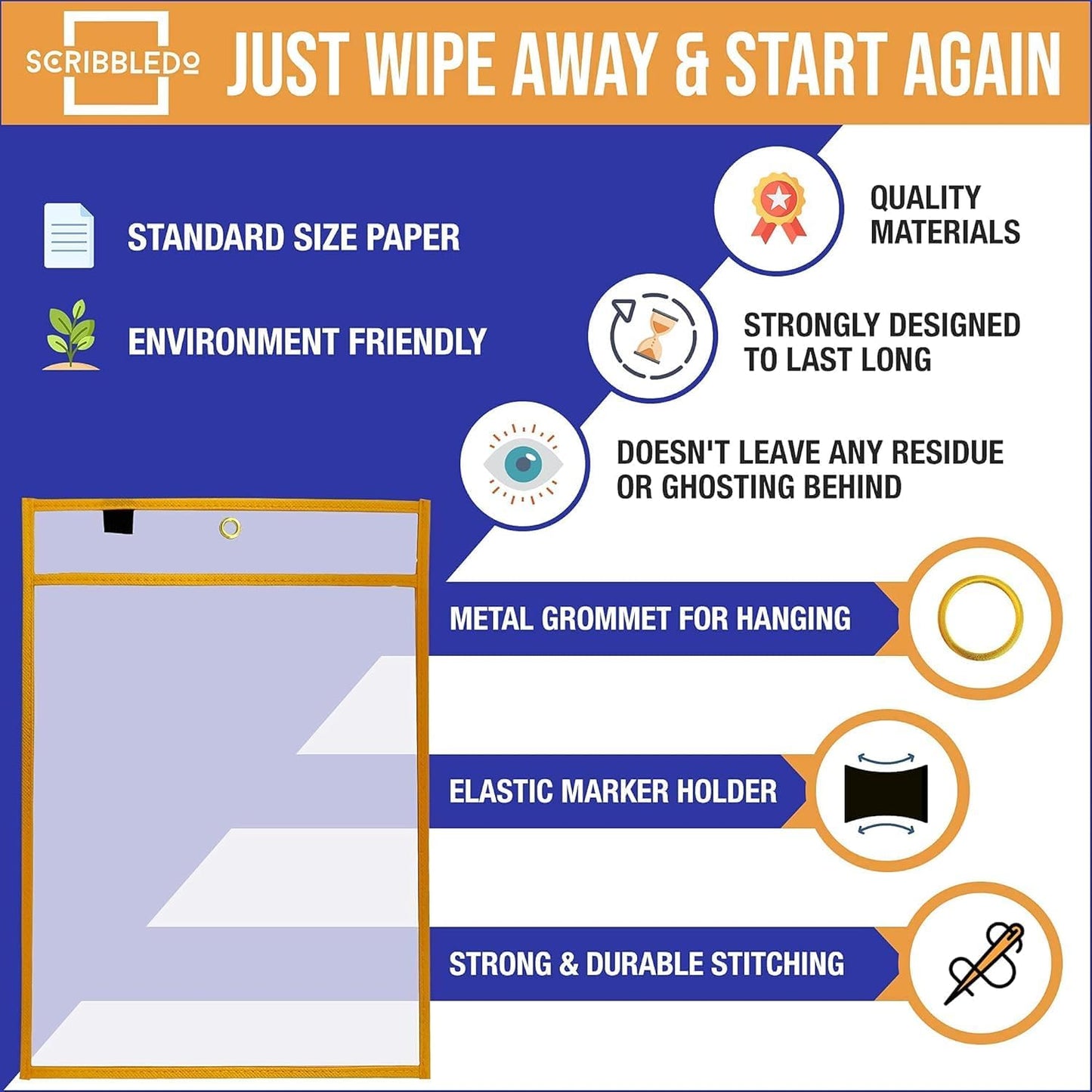 SCRIBBLEDO Dry Erase Pockets Reusable Dry Erase Sleeves with Marker Holder Colorful Dry Erase Pocket Sleeves for School Classroom or Work Ticket Holders Assorted Colors 50 Pack