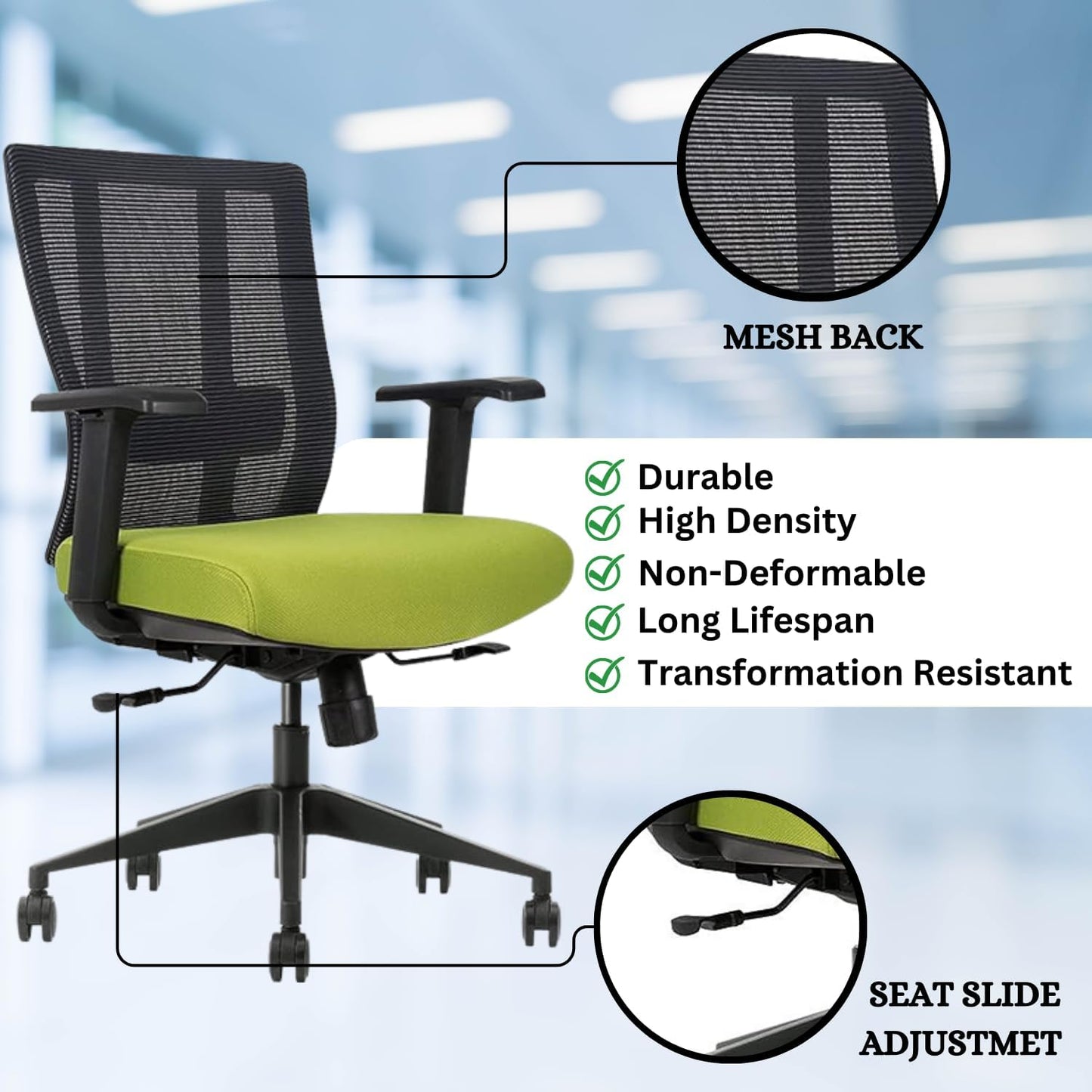 Ergonomic Office Chair - Breathable MESH - Back Adjustable Lumbar Support with 3-D ARMRESTS TILT Function and 360-DEGREE Swivel Wheels Comfortable Wide SEAT - Home Office Chair (Green) Pack of 2