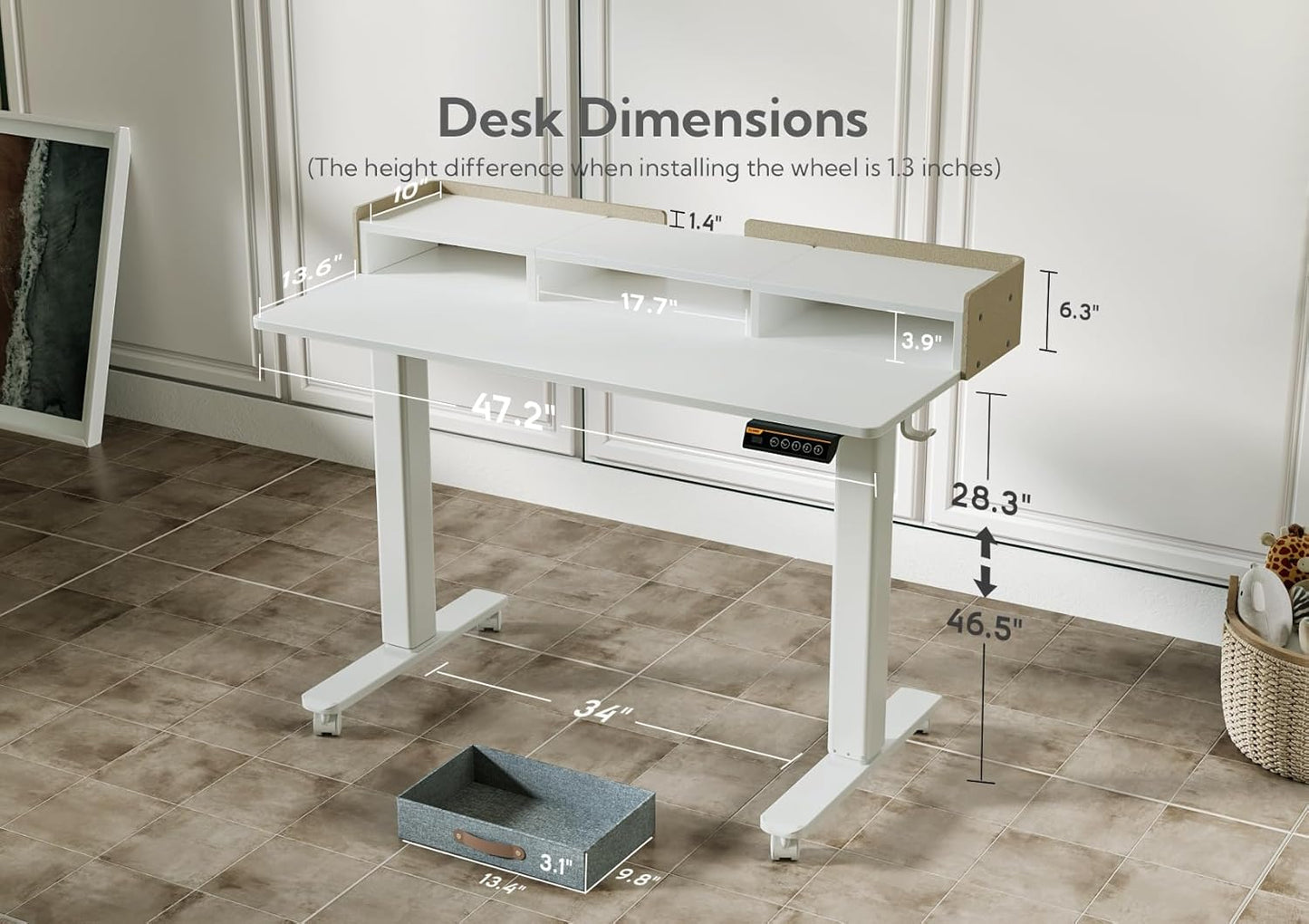 Claiks Standing Desk with Drawers, Stand Up Electric Standing Desk Adjustable Height with Storage Shelf and Splice Board, 48 Inch, White